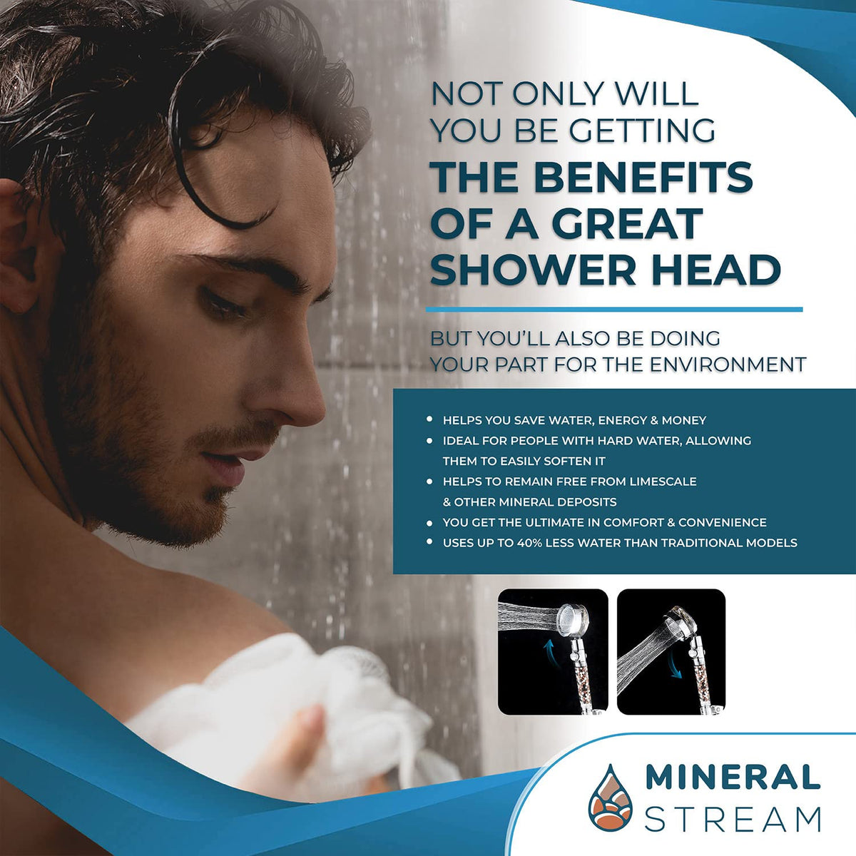 Turbo High Pressure Handheld Shower Head by MineralStream with Mineral Stones for Filtration | Perfect for Dry Hair & Skin | 360 Degree Spin Showerhead for Spa like Experience at Home