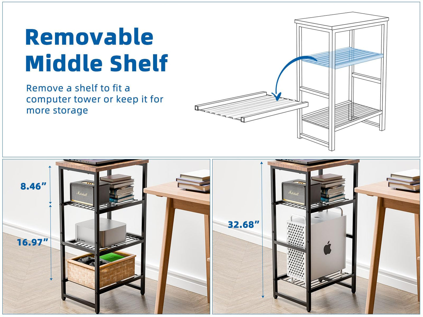 MWQ Industrial 3 Tier Printer Stand, Home Printer Wood Table with Wire Storage Shelf for Scanner Fax Machine, Heavy Duty Metal, Rustic Brown with Burly Wood Board