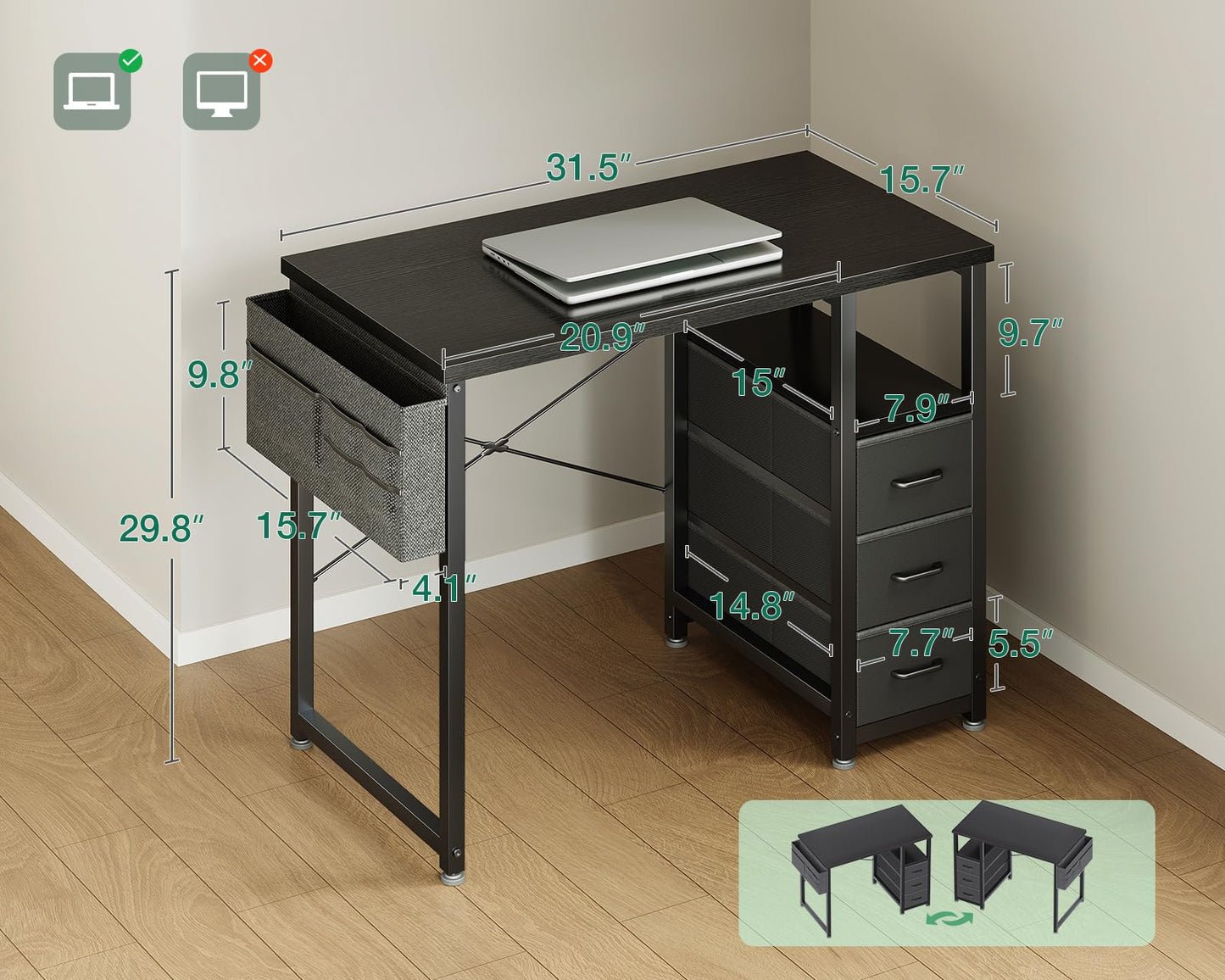 AODK 32 Inch Small Computer Desk with Fabric Drawers, Kids Study Desk for Bedroom, Home Office Desk with Storage Shelf & Bag for Small Space, Black