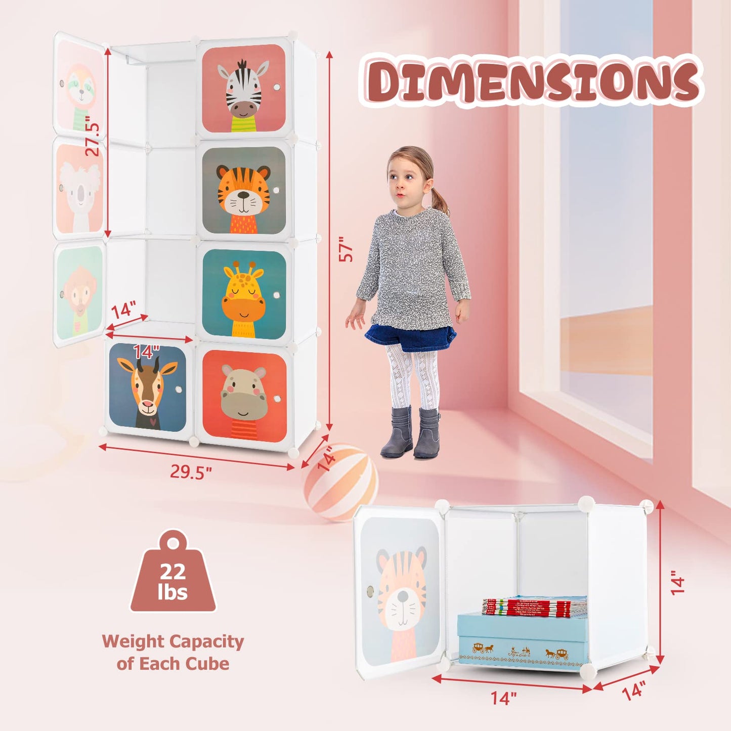 Costzon Kids Closet, Cartoon DIY Modular Dresser Storage Organizer with 8 Cubes & Clothes Hanging Rack, Portable Armoire for Baby Toddlers, Kids Wardrobe for Bedroom Nursery, White