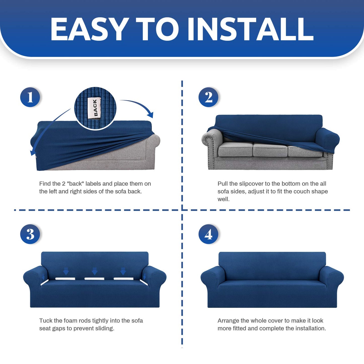 KEKUOU Stretch Sofa Cover Slipcover ，Couch Covers for 3 Cushion Couch Sofa pet Friendly (78"-94") Furniture Protector Sofa with Elastic Bottom for Kids,Dog, Jacquard Small Checked(Large,Classic Blue)
