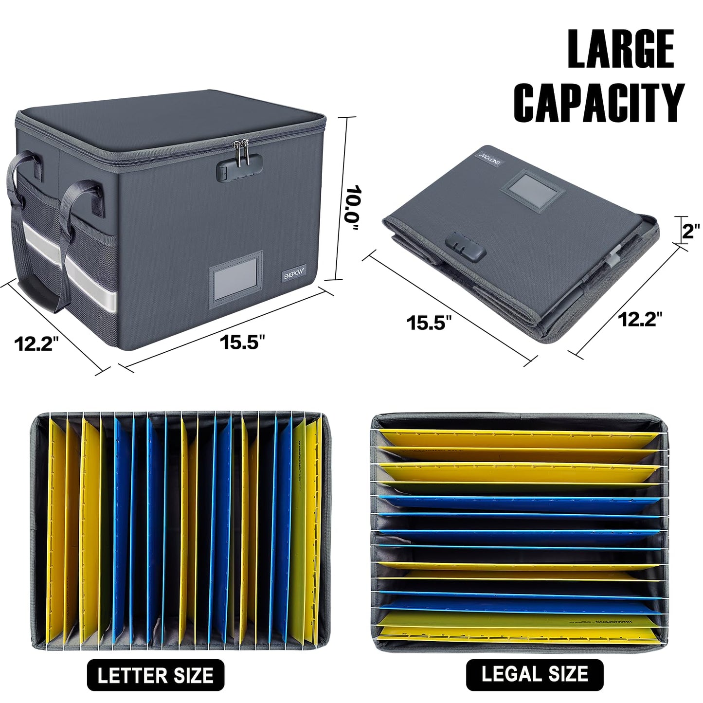 ENGPOW File Box with Lock, Fireproof Document Box with Pockets, Collapsible File Organizer Filing Storage Cabinet with Handle, Portable Home Office Safe for Hanging Letter/Legal Folders,Gray,2 Pack