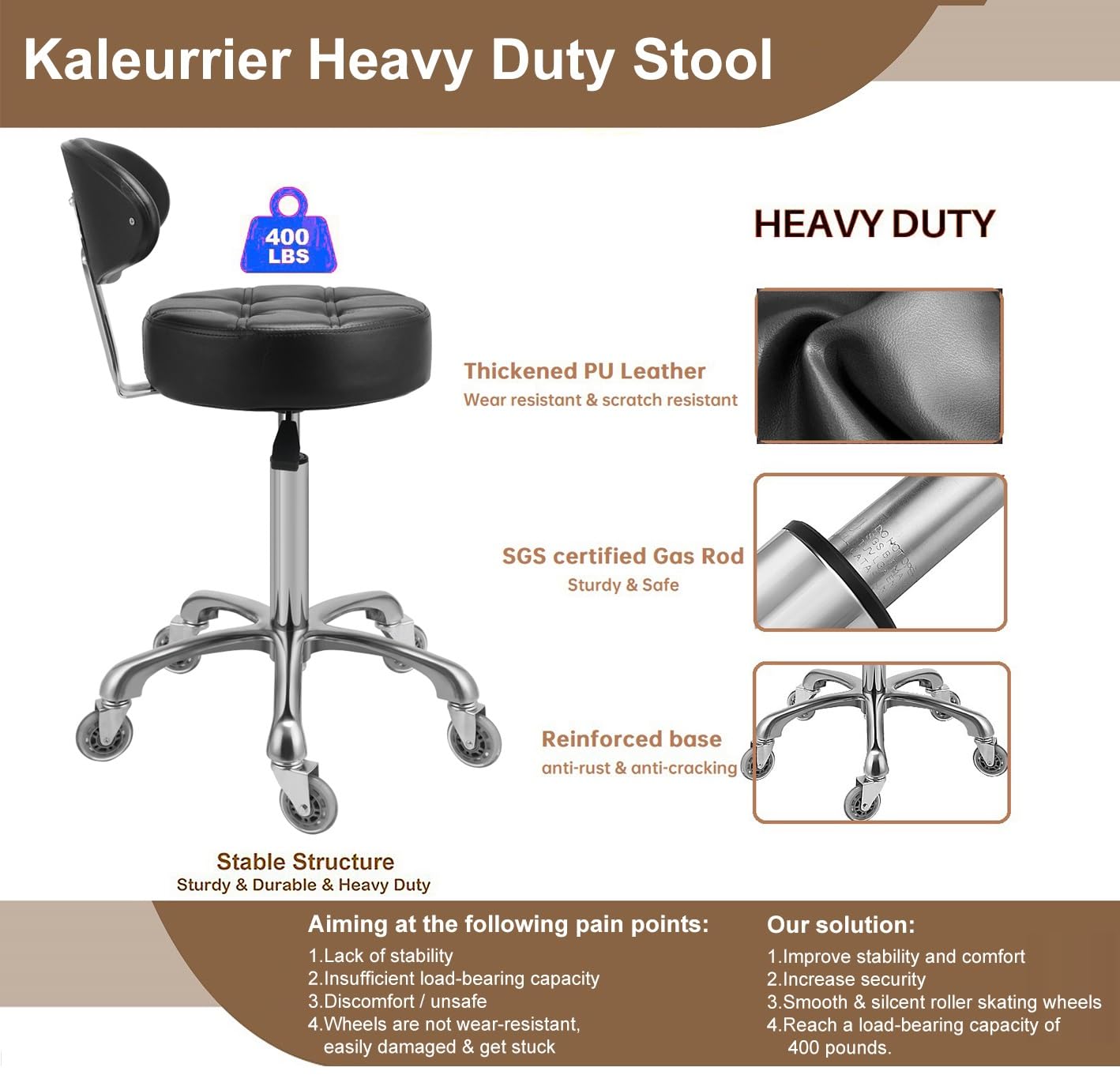 Kaleurrier Rolling Stool with Back Rest, Swivel Chair Adjustable Height, Heavy Duty Stools for Kitchen Salon Bar Office Garage Shop Massage (with Back Rest) (Black)