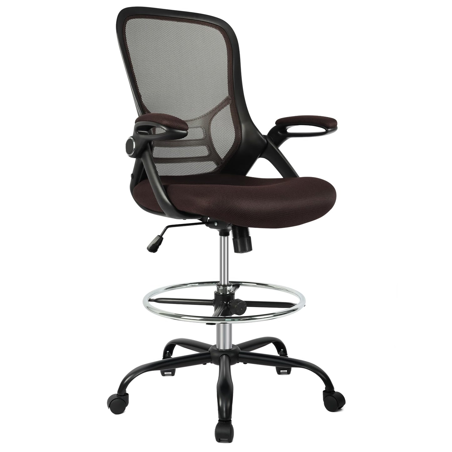 HYLONE Drafting Chair, Tall Office Chair Standing Desk Chair Brown Mesh High-Back Drafting Stool with Flip-Up Arms, Adjustable Foot Ring, Brown