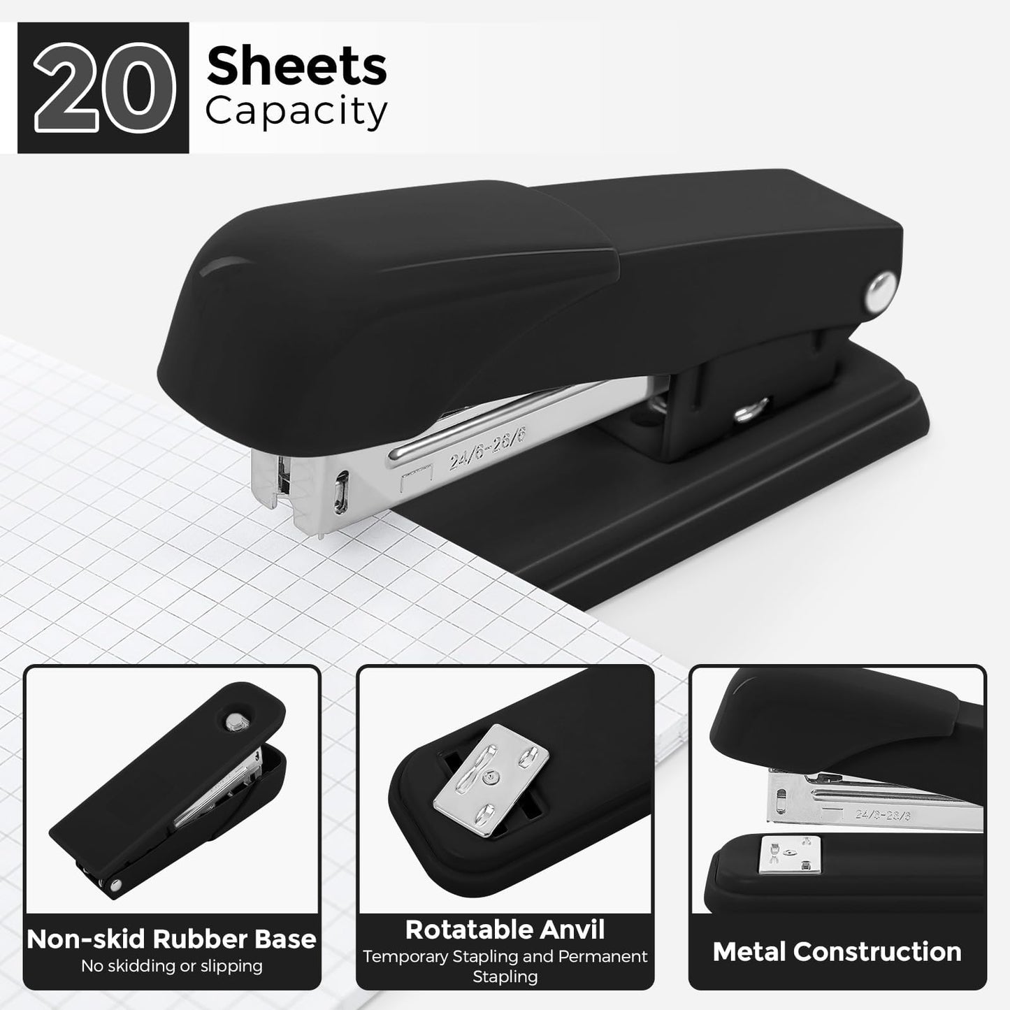 SKYDUE Black Office Supplies Set, Black Desk Accessories, Stapler, Tape Dispenser, Scissors, Binder/Paper Clips and 1000pcs Staples, Desk Supplies Set