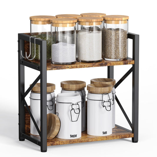 Spice-Rack-Organizer-Shelf for Kitchen Counter, 2 Tiers Coffee Bar Station Organizer for Countertop，Space Saving Desk Shelving Riser Unit (Rustic Brown, Small)