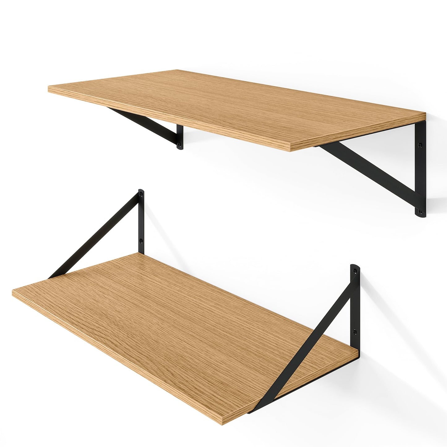 Heimlove 12 Inch Deep Floating Shelves for Wall, 24W x 12D Wood Wall Shelves Set of 2, Rustic Oak Wide Floating Bookshelf for Living Room, Kitchen, Office, Bedroom, with Black Metal Bracke - Oak