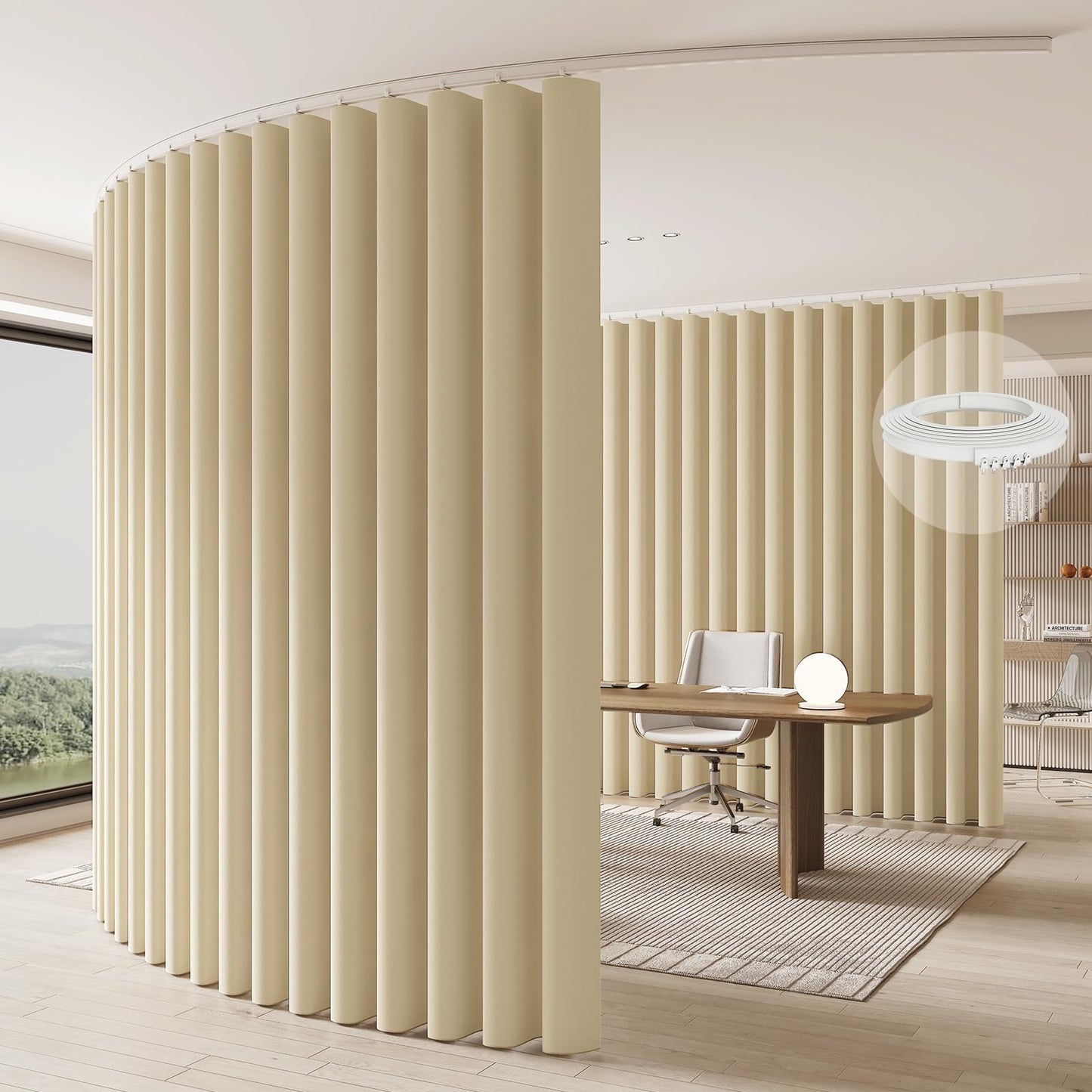 Jilron Room Divider Curtain Ceiling Curtain Track Set for Blackout and Privacy (Beige Curtain + White Track) 106" W x 84" L -1 Piece