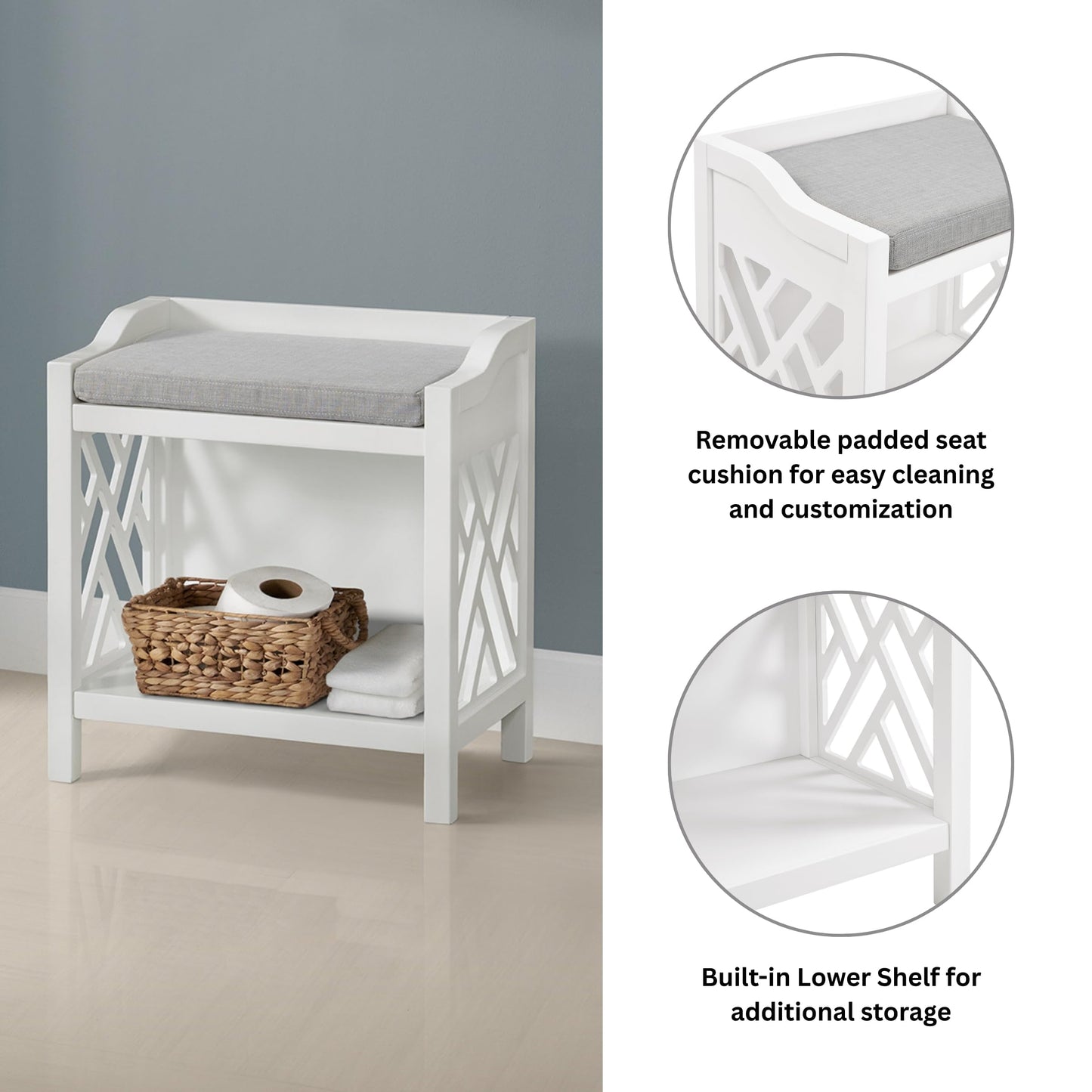 Alaterre Furniture Coventry Bench Stool with Cushion - Pine Wood Bench for Entryway or Bathroom Storage - Use as Shoe Rack, Vanity Chair and More (White)