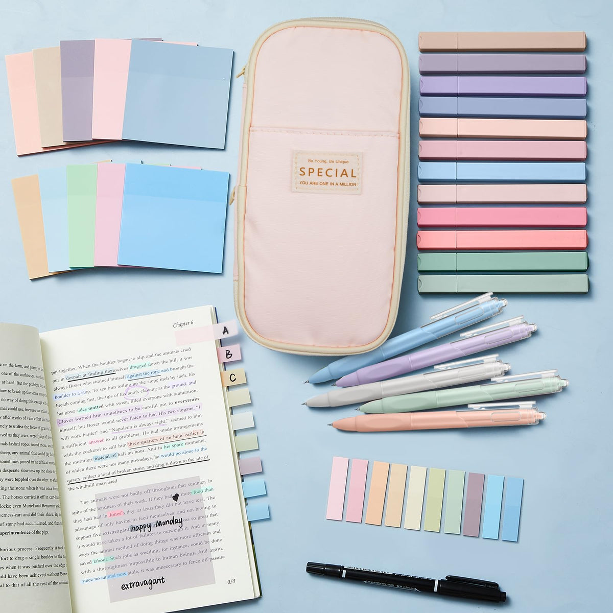 Jutom 39 Pcs Aesthetic Book Annotation Kit Highlighter with Case Bag Gel Pen Transparent Sticky Note Taking Bible Supplies(Pink,Cute Style)