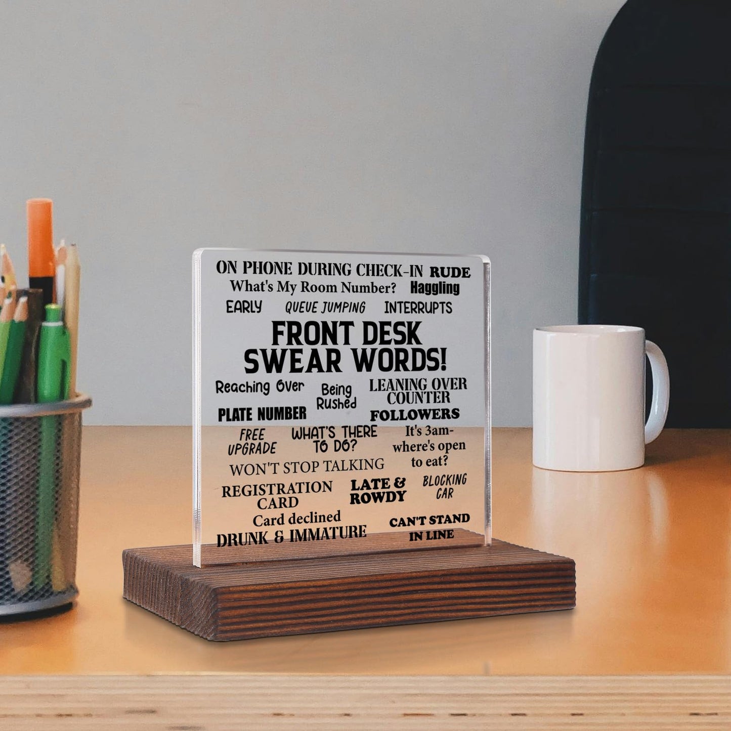 Funny Front Desk Sign for Receptionist Office Decor, Acrylic Desk Plaque with Guest Swear Words, Hilarious Gift for Hospitality Staff, New Job Leaving Retirement Gift Idea SKT250