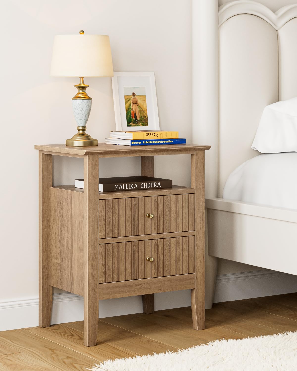 Apetaccat Fluted Nightstand, Farmhouse Night Stand with 2 Drawers, Mid Century Modern Side Accent Table,Bedside End Table for Bedroom, Living Room, Natural