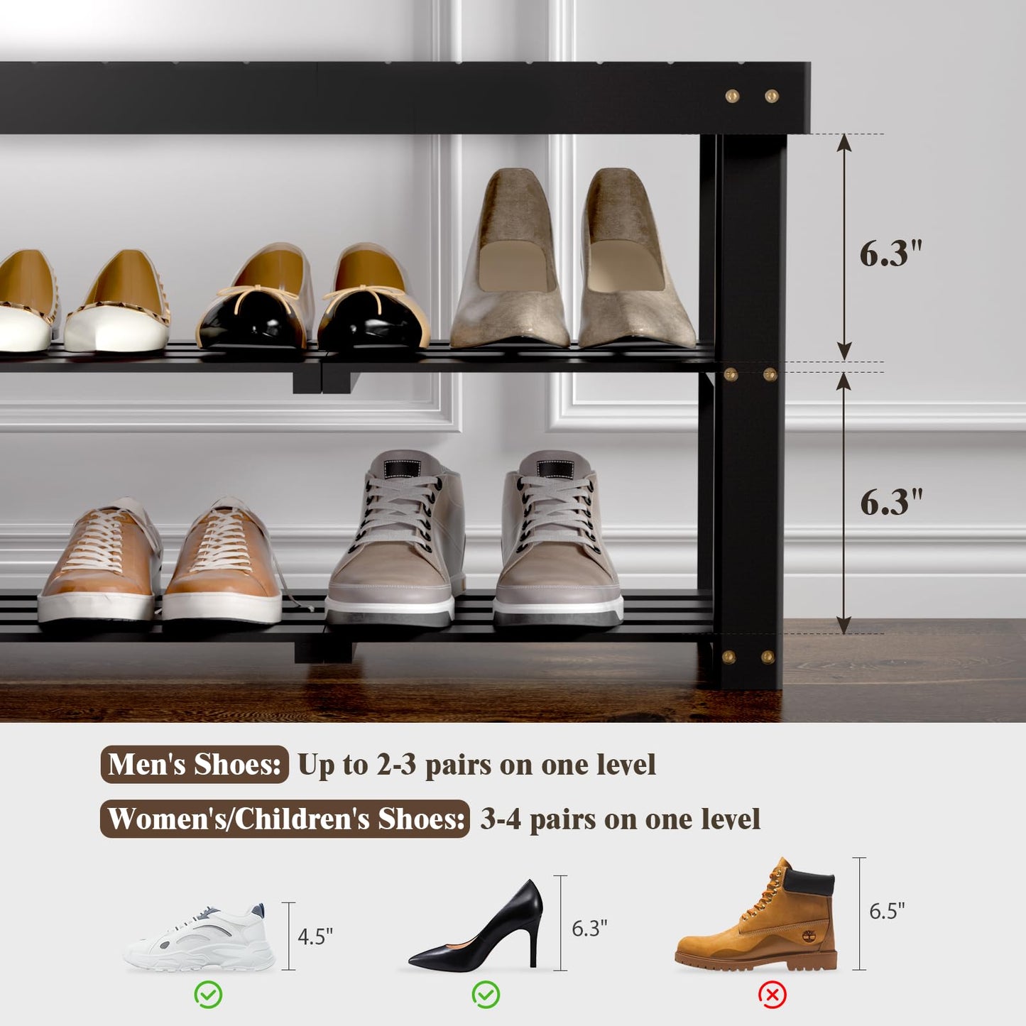 BAMBUROBA Bamboo Shoe Rack Bench, 3-Tier Entryway Bench, Small Shoes Storage Organizer Holds Up to 300lbs, 27.5 x 11 x 16.9 Inches, for Front Door, Hallway, Living Room, Bedroom,Black