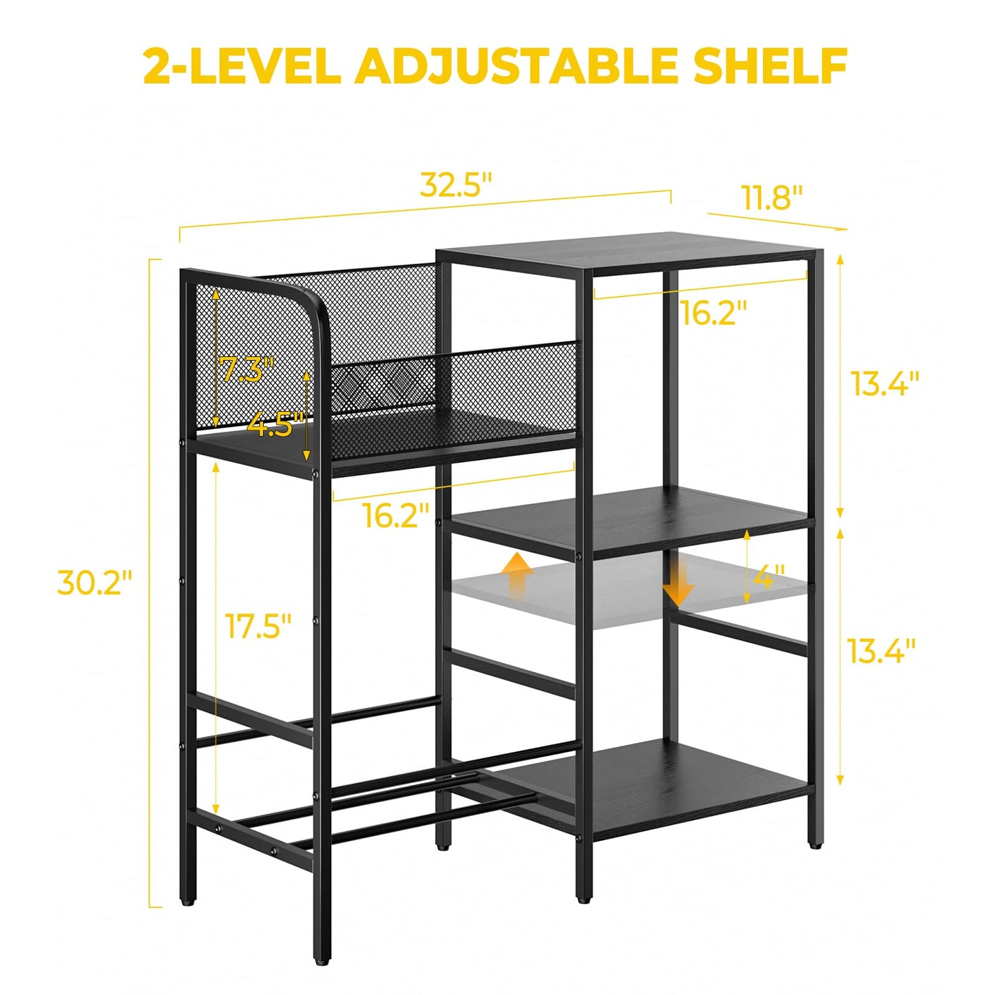 Nidouillet Record Player Stand with LED Light, Turntable Stand with Vinyl Storage for 300+ Albums, 3-Tier Media Cabinet with Adjustable Shelf, Mesh Fences & V-Shaped Holder, for Living Room & Bedroom