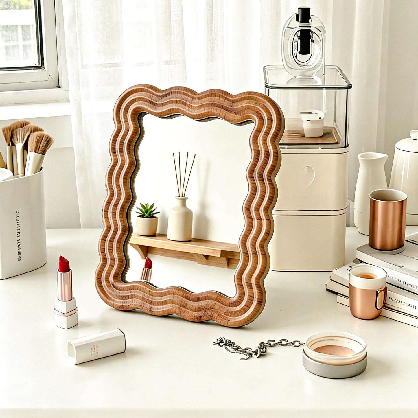 Pehvdkuq Wood Framed Wave Shaped Folding Makeup Mirror, Scalloped Aesthetic Tabletop Vanity Mirror with Stand for Desk Bedroom Office Home Decor, Boho Style