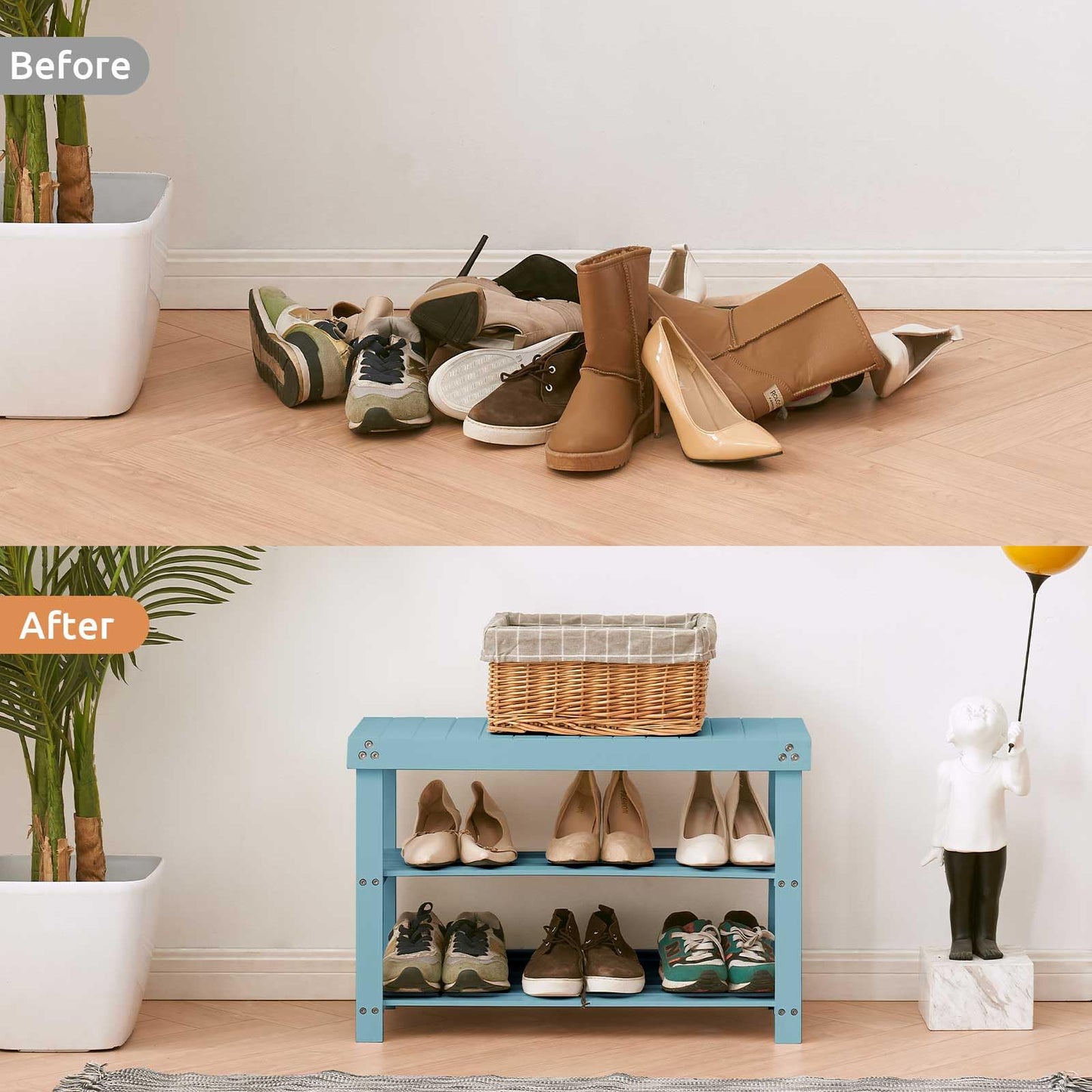 Apicizon Bamboo Shoe Rack for Entryway, 3-Tier Shoe Rack Bench for Front Indoor Entrance, Small Shoe Organizer with Storage, Blue