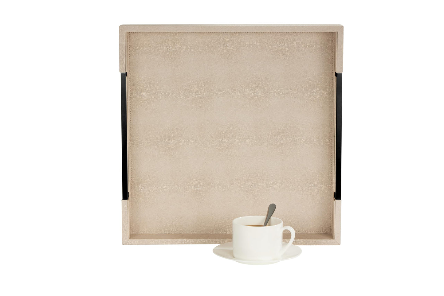 Sagala 16"x16" Ivory Shagreen Leather Serving Tray with Handles for Ottoman Coffee Table, Stylish Decorative Tray for Living Room Modern Home Decor (Ivory-Black, Square 16")