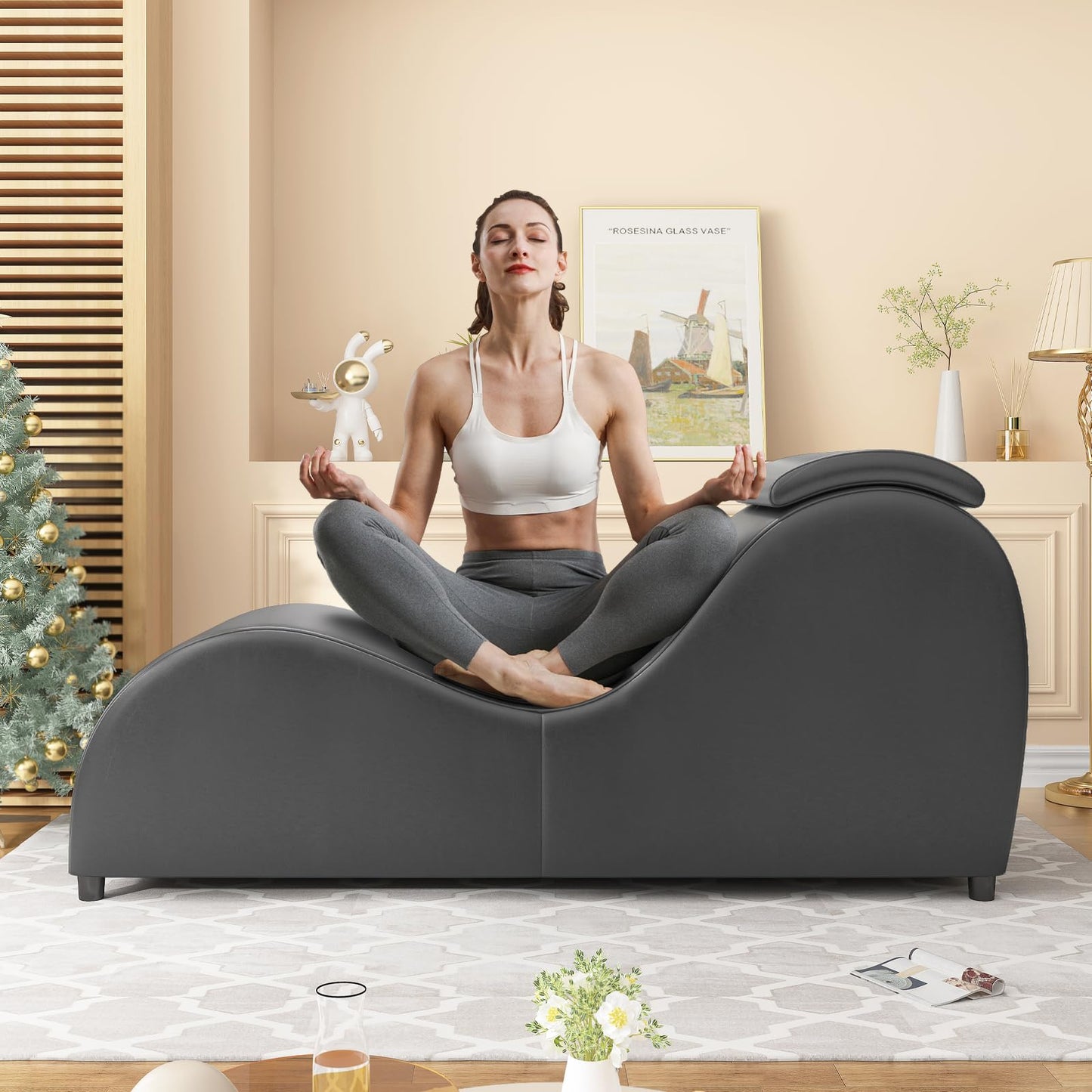 BALUS 60" Chaise Lounge Chair for Yoga Stretching, S-Shape Chair for Adults Exercising Relaxing, Faux Leather & Wooden Indoor Lounge for Living Room, Apartment, Office, Dark Grey