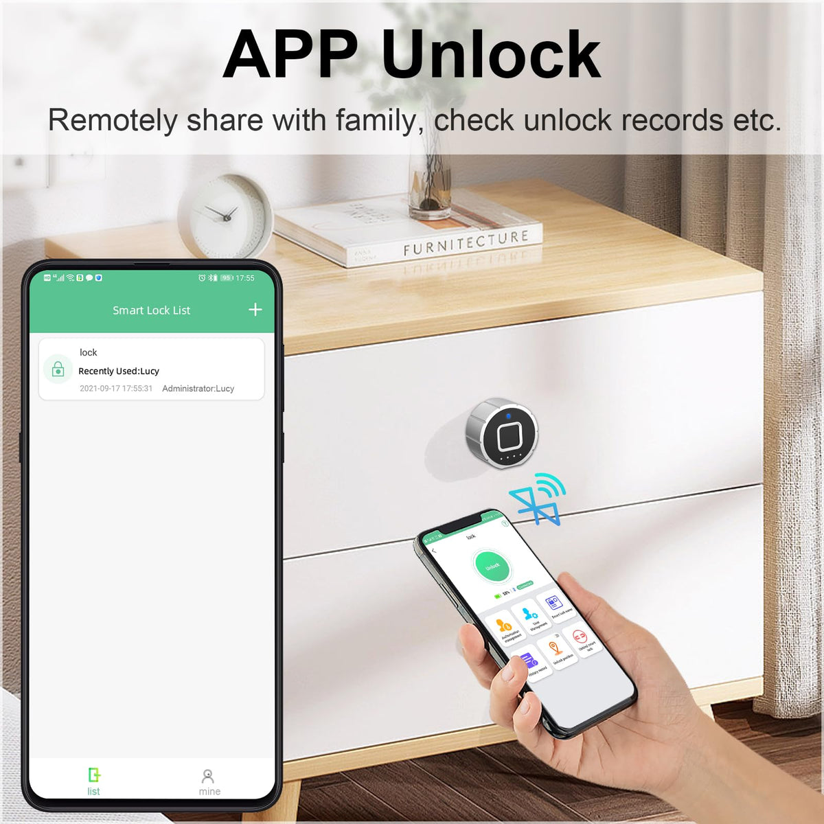 Pothunder Smart Cabinet Lock, 1 1/8" (30mm) Long Cabinet Cam Lock with Fingerprint Bluetooth APP, Digital Keyless Biometric Child Safety Lock for Drawer Cabinets Storage Mailbox