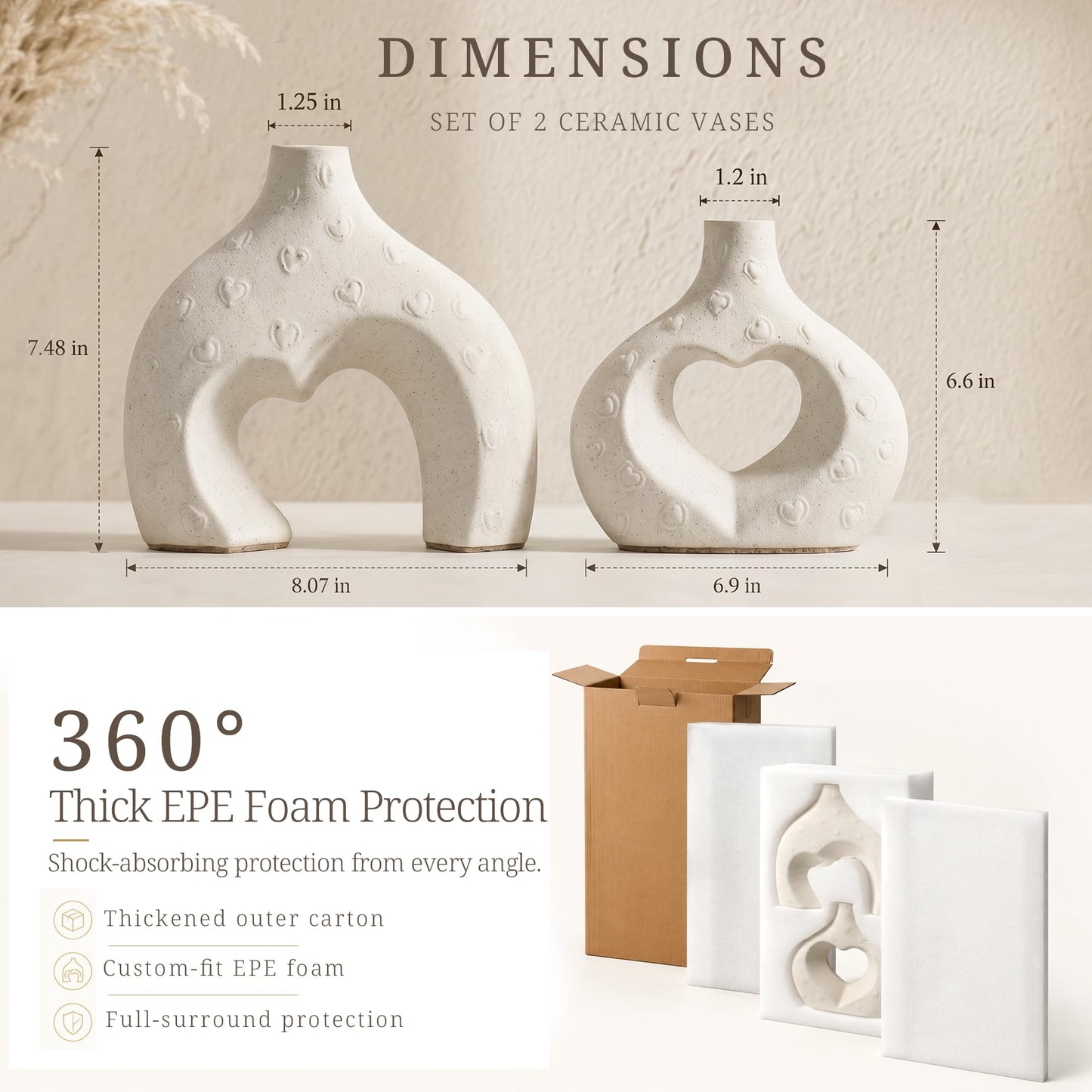 White Ceramic Flower Vases Table Decor Heart Shaped Vase Set of 2