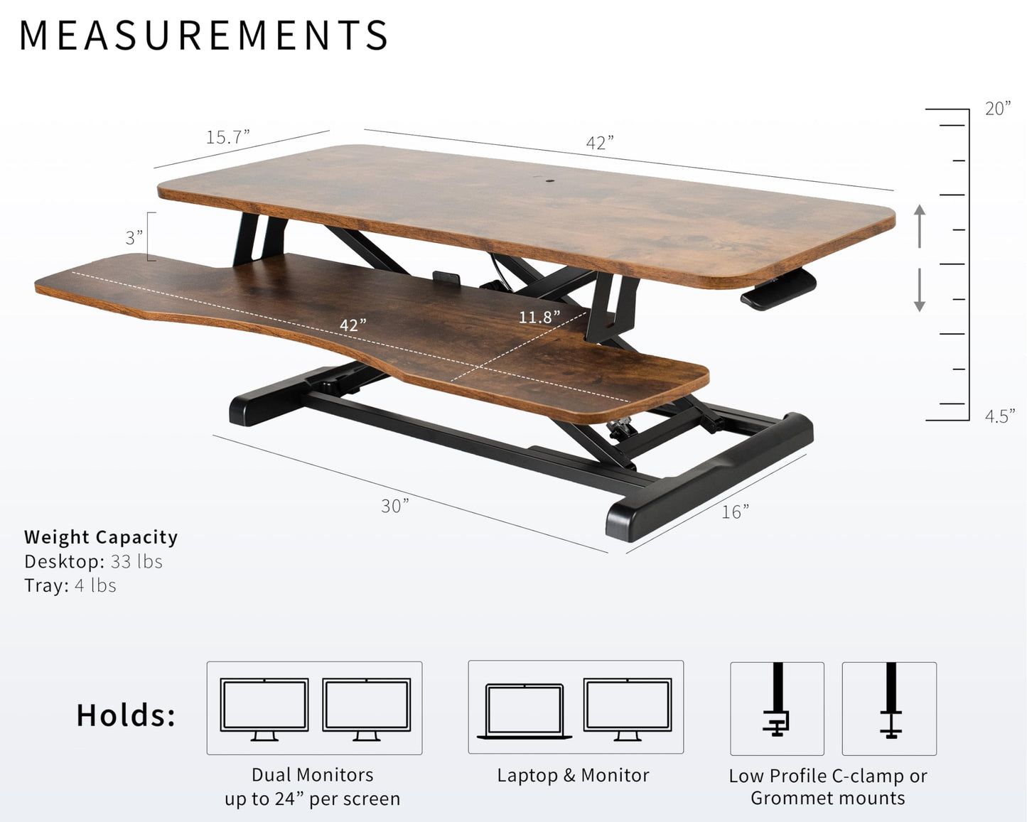 VIVO 42 inch Desk Converter, K Series, Height Adjustable Sit to Stand Riser, Dual Monitor and Laptop Workstation with Wide Keyboard Tray, Rustic Vintage Brown Top, Black Frame, DESK-V042KN