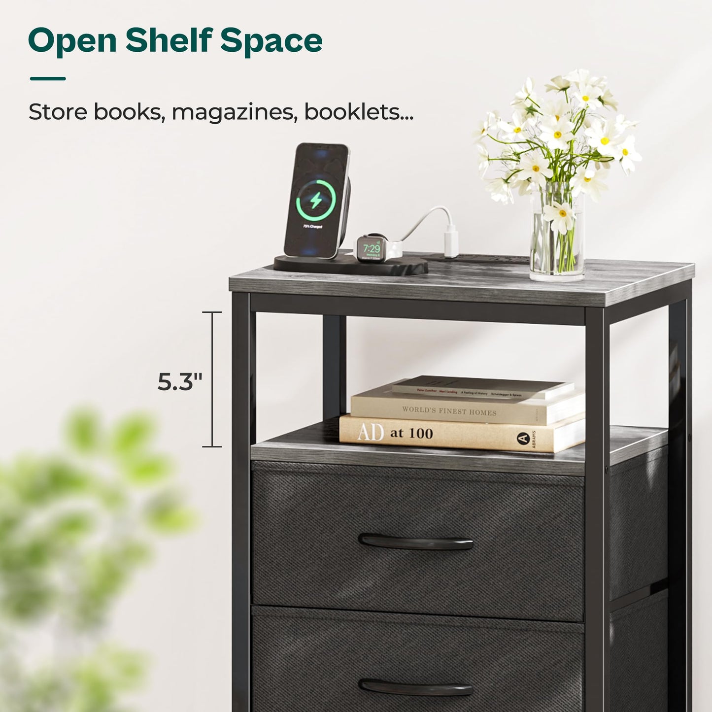 Huuger Nightstands Set of 2, 27.6 Inch End Tables with Charging Station, Fabric Drawers, Bedside Tables with USB Port and Outlet, Night Stands for Bedroom, Charcoal Gray