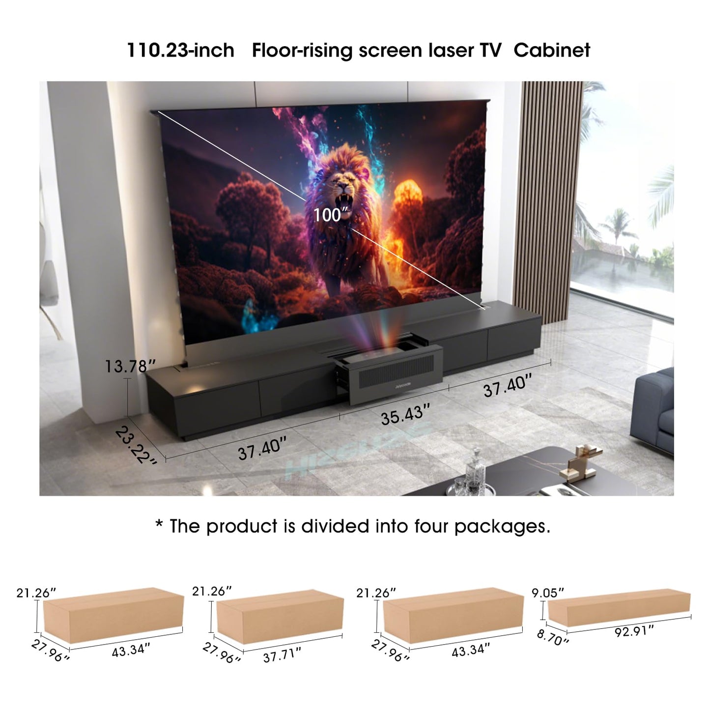 Julycode Motorized Laser TV Cabinet with ALR Floor-Rising Screen for Ultra - Short Throw Projector (Black, 100'' Laser Cabinet)