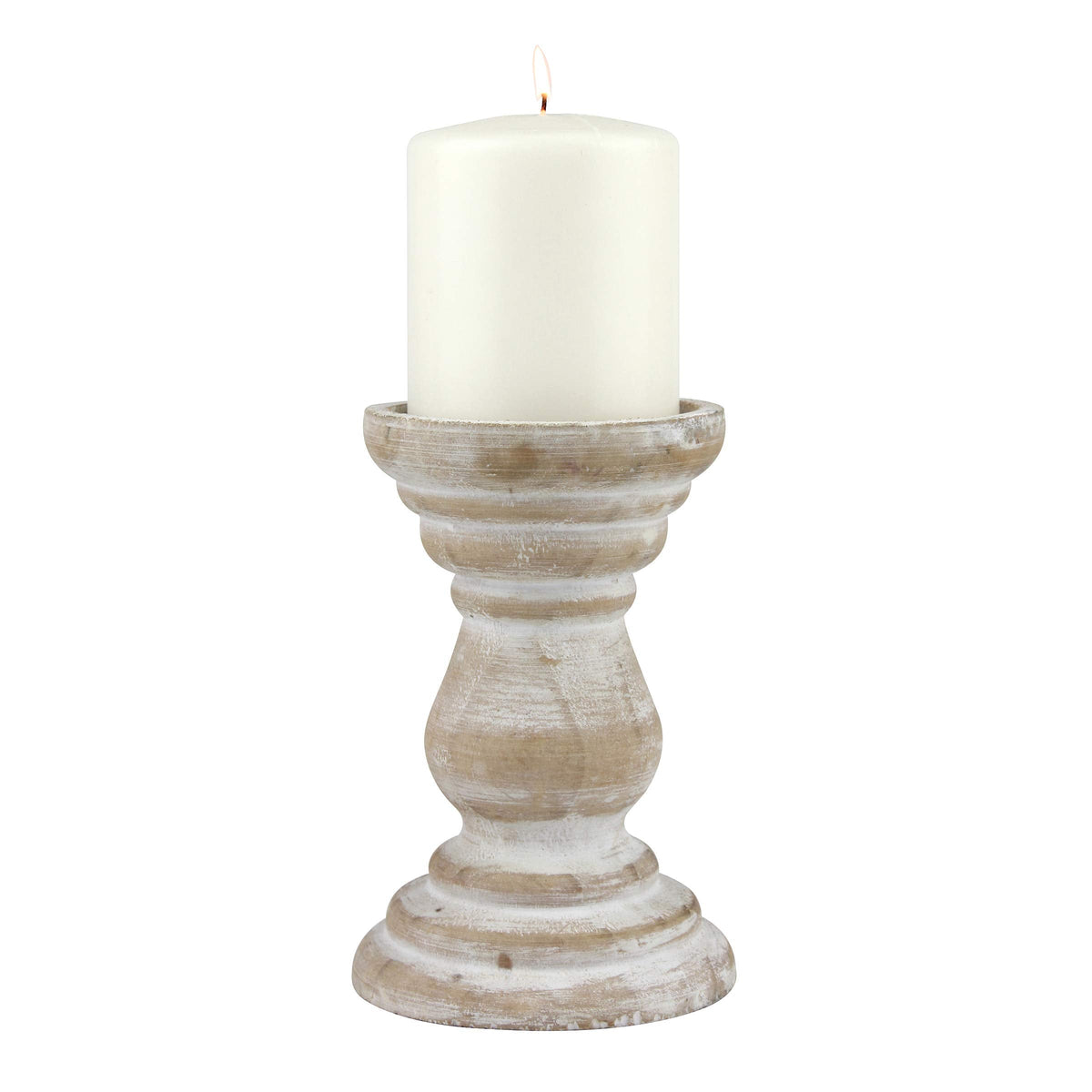 Stonebriar Antique White Wooden Pillar Candle Holders, Vintage Seaside Stand for Table Top, Medium and Small