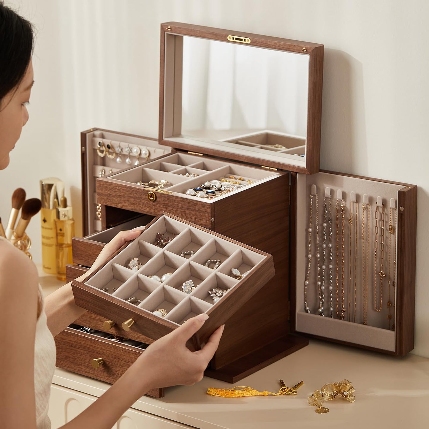 CHOSIN Black Walnut Wooden Jewelry Box, 6-Layer Lockable Wood Jewelry Organizer with Mirror, Side Doors & Brass Handle, Classical Design for Rings, Necklaces, Earrings, Fathers Day Gift
