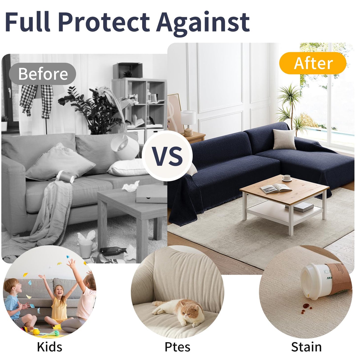 Maymiss Sectional Couch Covers 2-Piece Set for L-Shaped Sofas, Pet Friendly Washable Furniture Protector, Chenille Couch Blanket Fits 2-3 Cushion Couches (71"x118"+71"x118", Navy Blue)