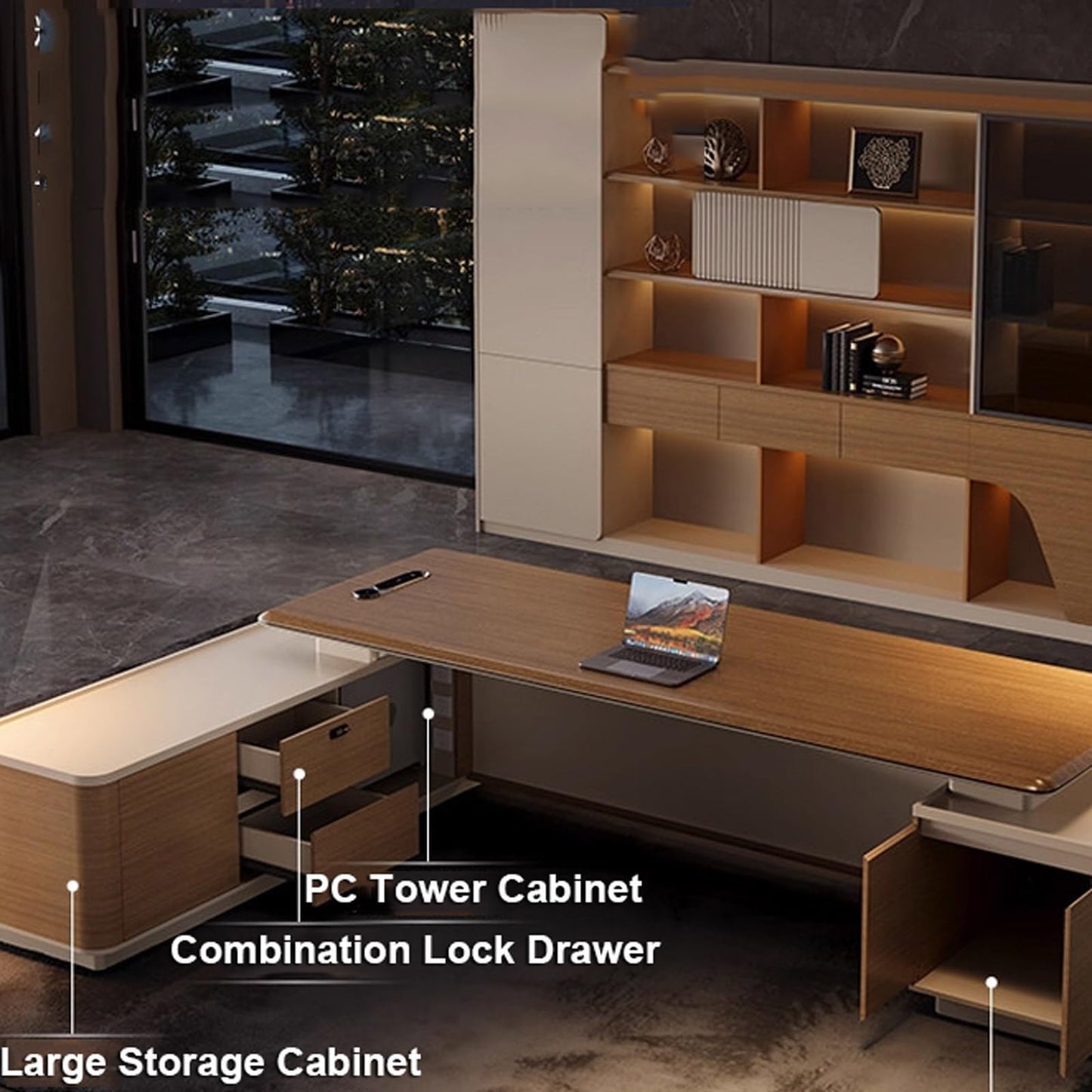94 inch Modern L Shaped Executive Desk with 2 Drawers, Luxury Large Single Office Long Boss Desk with Cabinet and USB Ports Writing Study Table Business Furniture Workstation for CEO Boss Mana