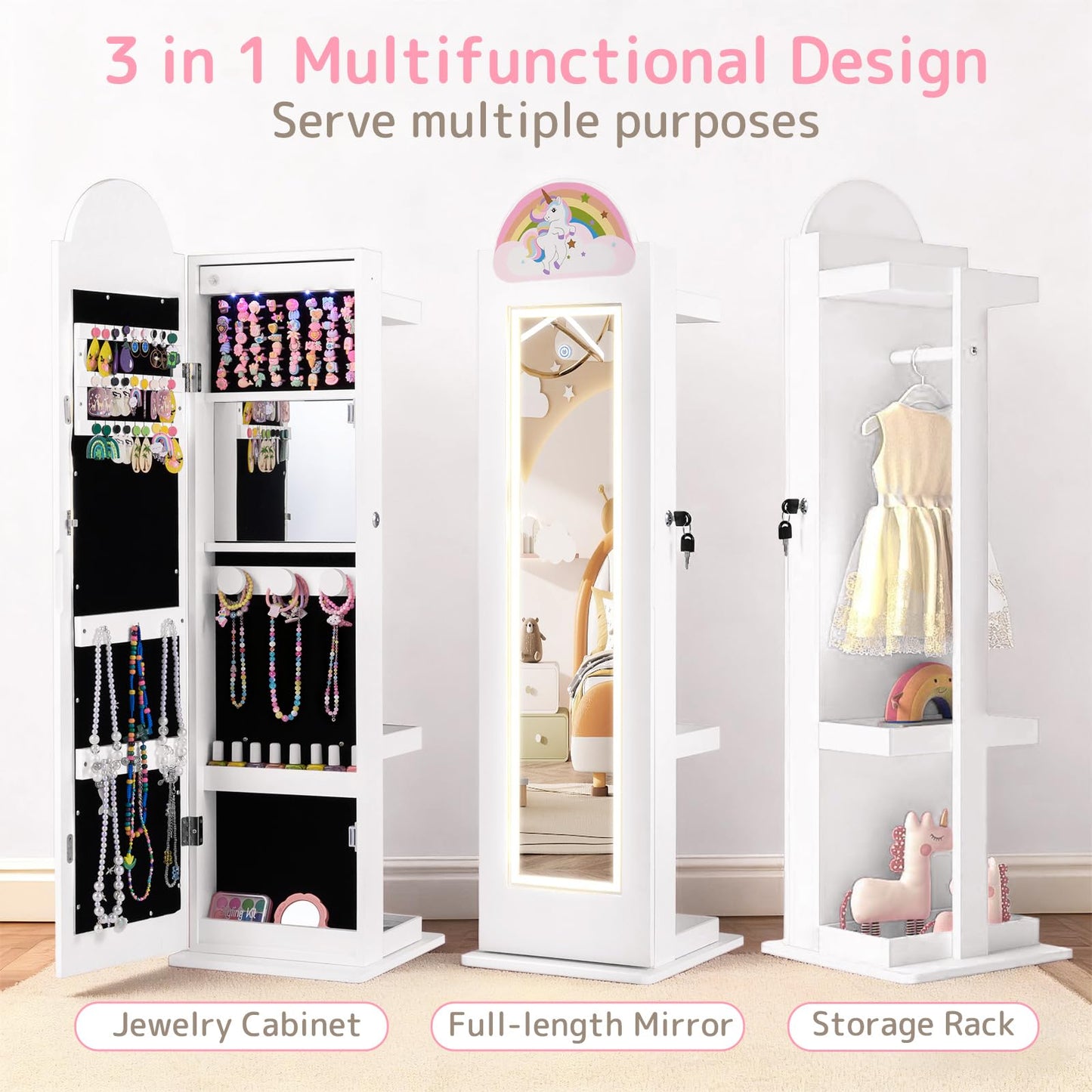 INFANS Kids Jewelry Armoire Cabinet with LED Lights, Lockable Standing Organizer with Full-length Mirror, Unicorn Theme Children Vanity Dress Up Storage Rack for Girls