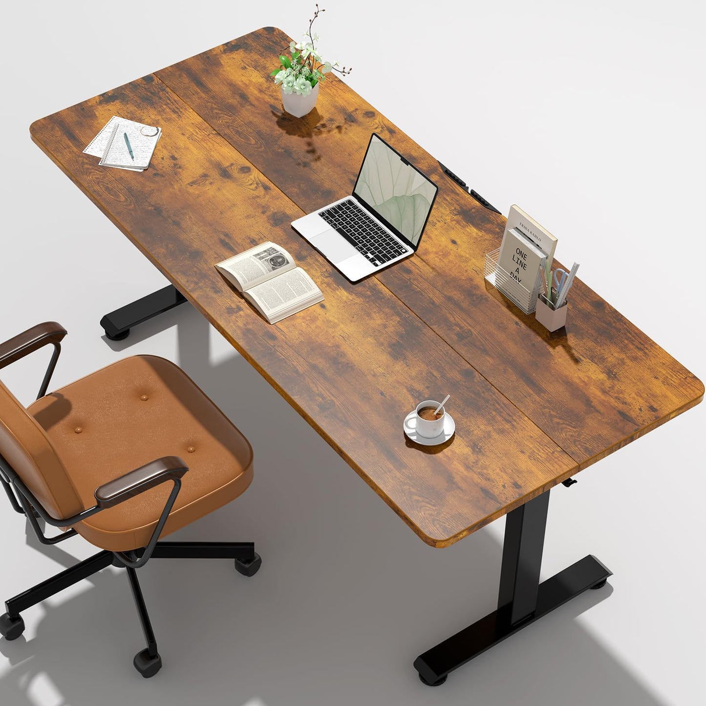 Veken 55 Inch, Height Adjustable Sit Stand Up, Wood Desktop, Work Home Office Computer PC Table, Tall Standup Workstation, Gaming Writing Study Bedroom Rising Desks, Brown