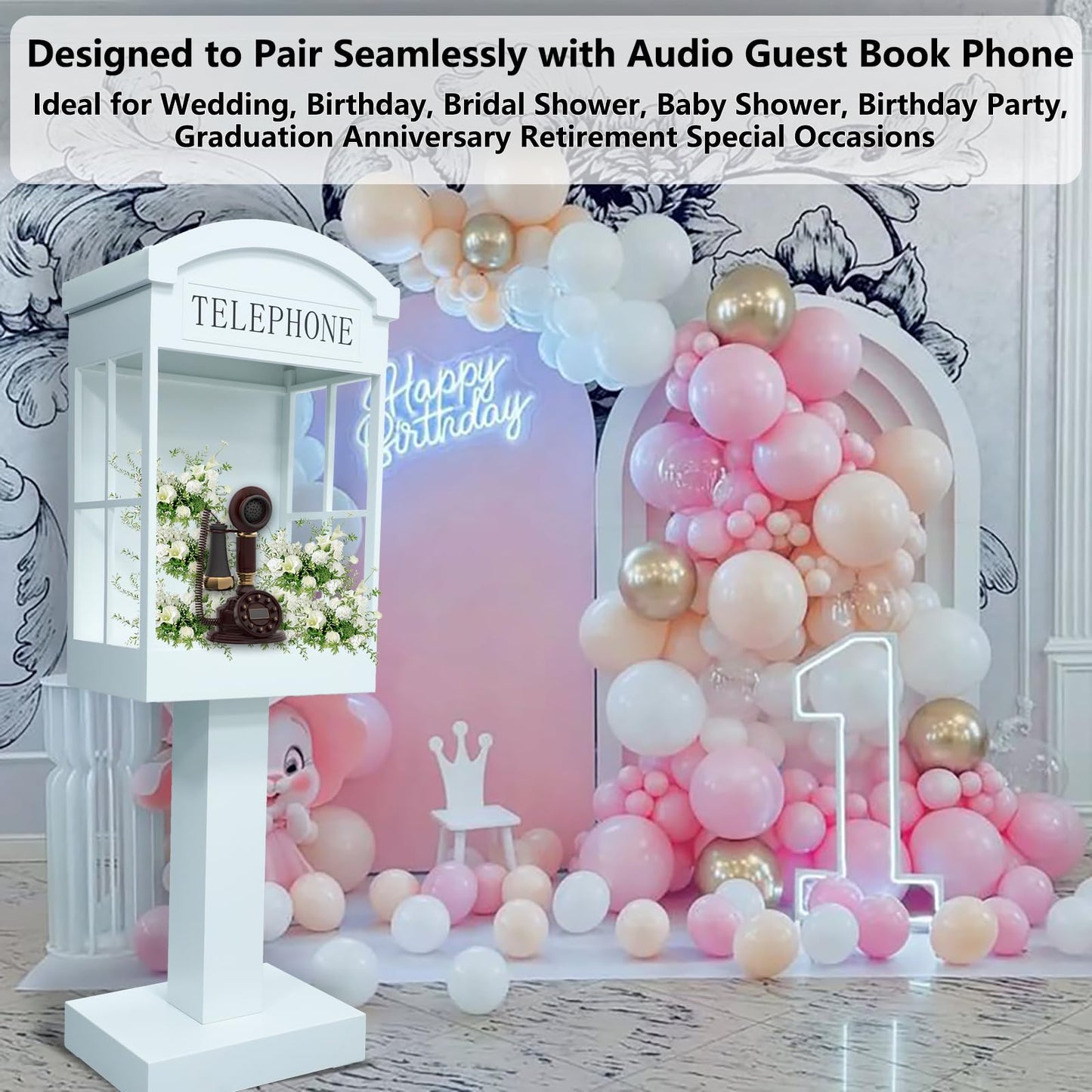 ROOMEDAL Audio Guest Book Phone Booth Stand with Wheels, Romantic Metal Audio Guestbook Telephone Booth for Wedding Birthdays Party Graduation Baby Shower Retirement Special Occasions Decoration