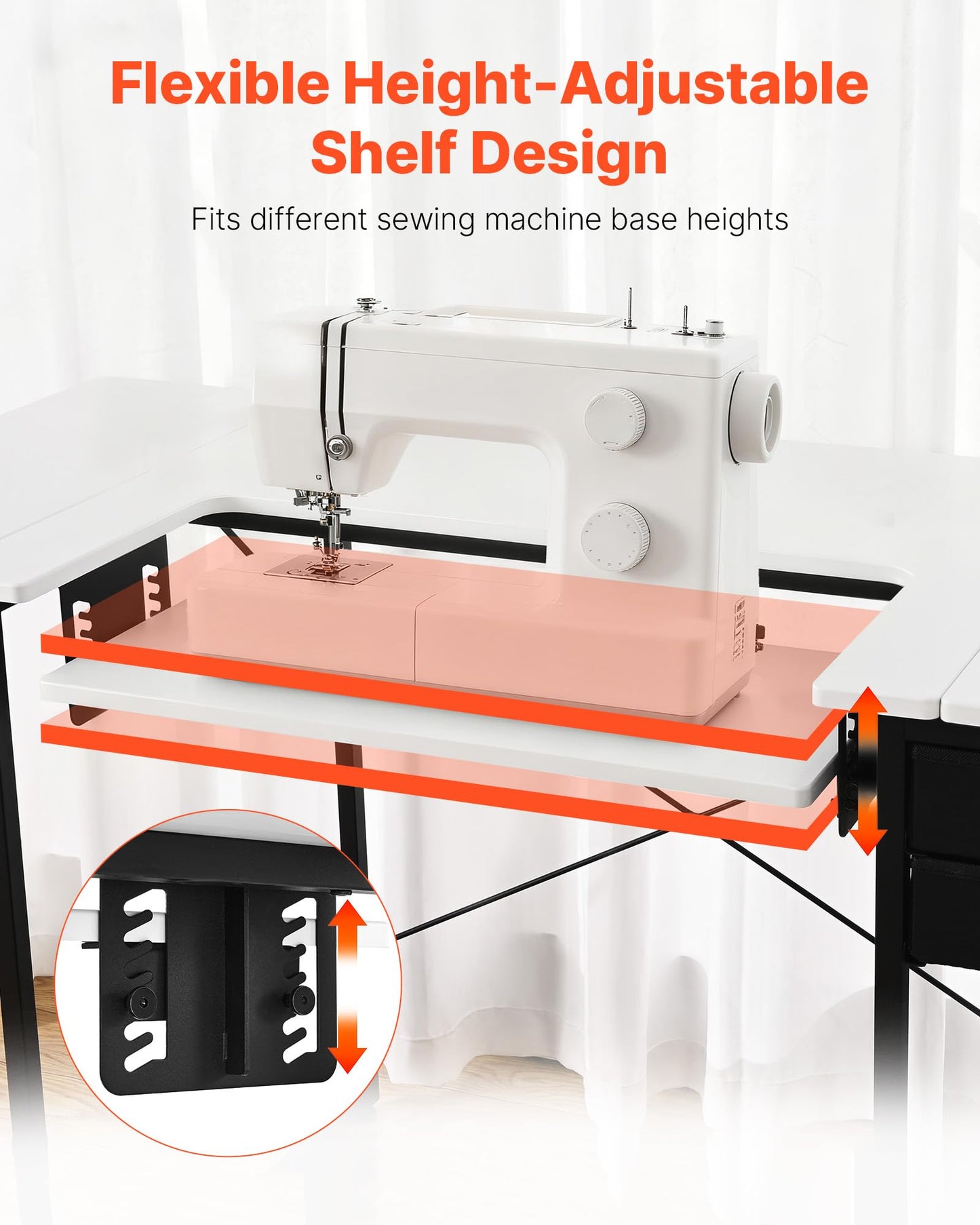 VEVOR Sewing Table, Multipurpose Sewing Machine Table with Foldable Side Shelf, Adjustable Shelf, Steel Legs, Computer Desk for Home, Fashion Studio, Art Studio, Educational Institution, White