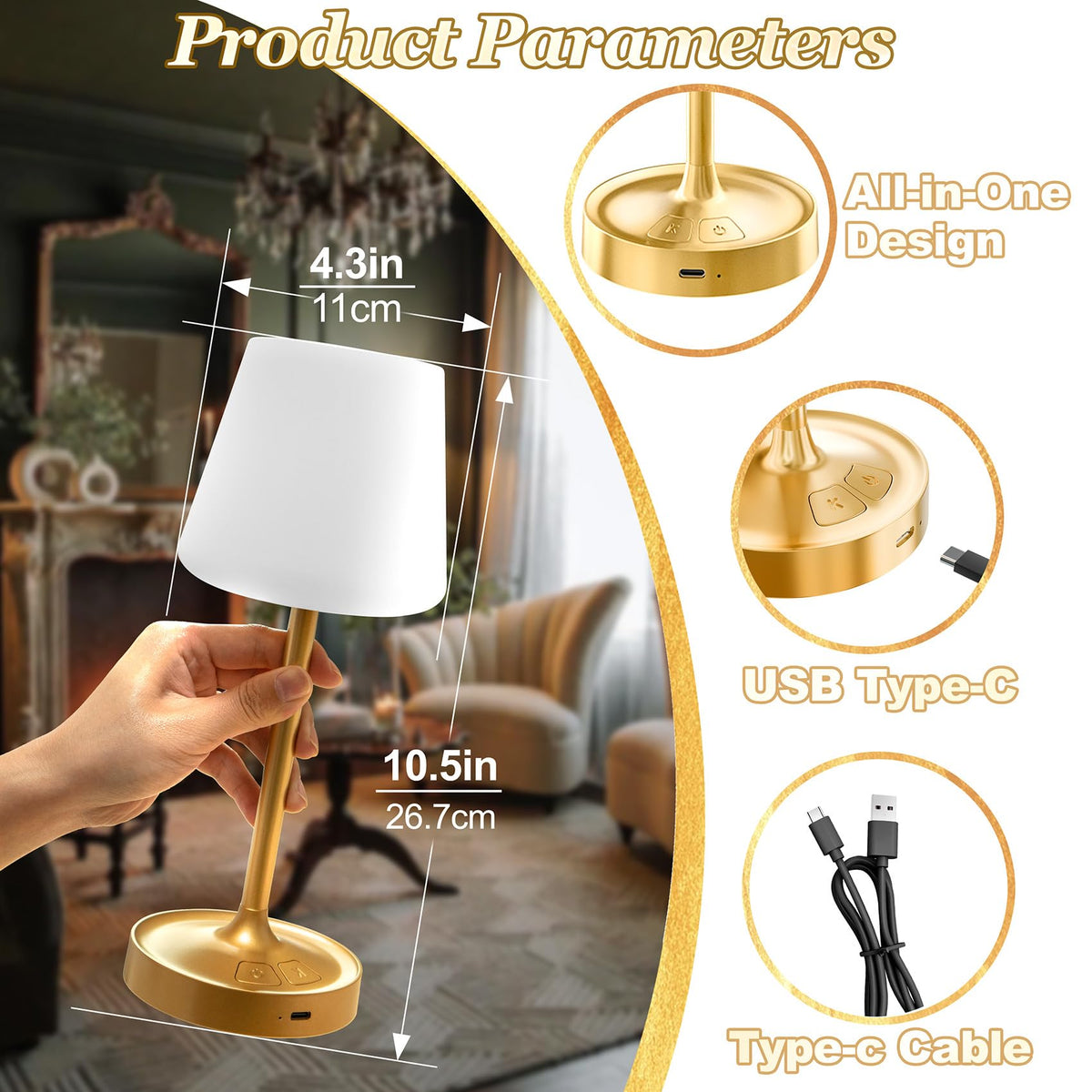BOMFLORE Small Shower Lamp Waterproof: Table Lamp with 4000mAH Battery - Rechargeable 3 Dimmable Cordless LED Lamp for Desk Bedroom Living Room Bathroom - Gold Touch Light for Parents Kids