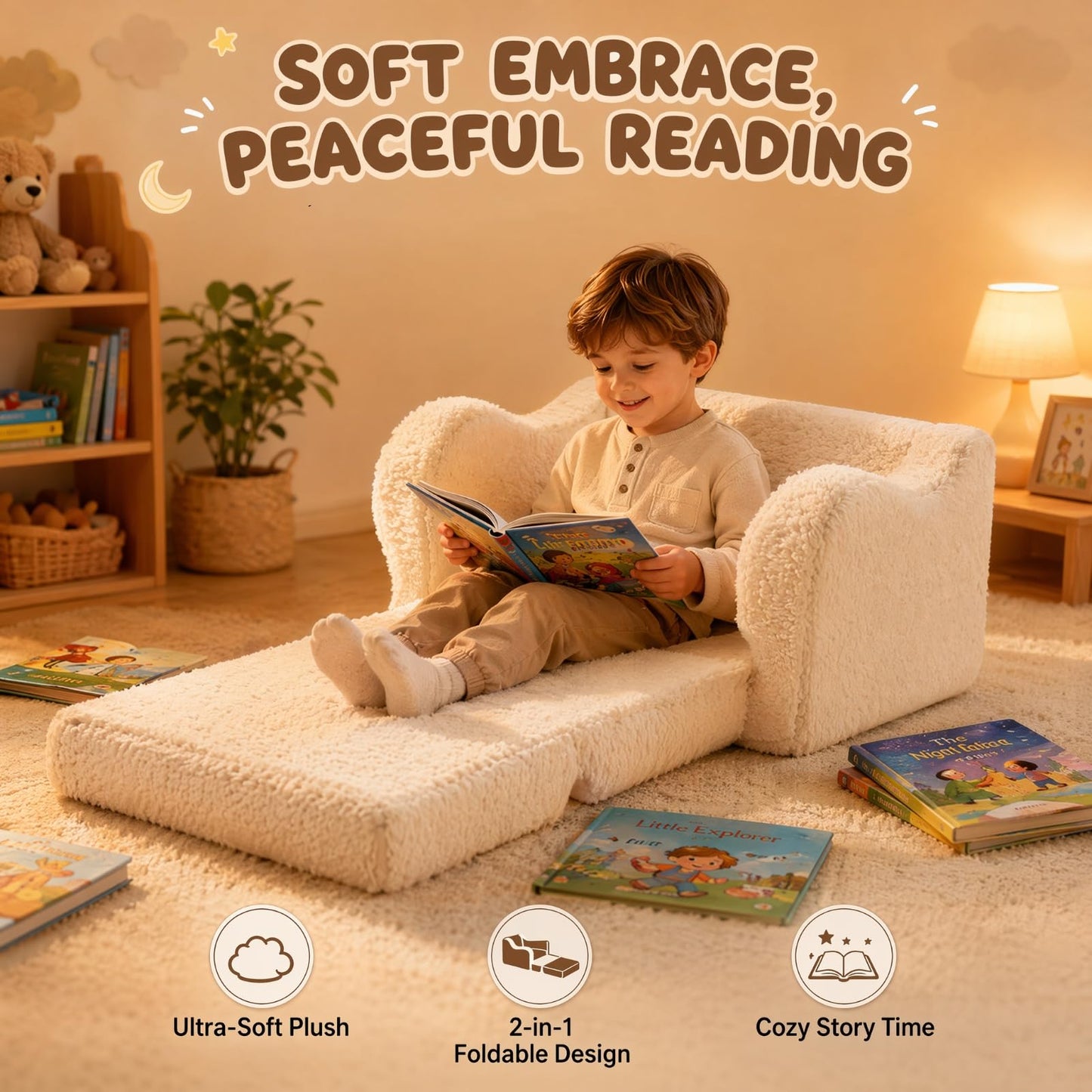 MOMCAYWEX Kids Sofa, 2-in-1 Flip-Out Foam Couch with Soft Sherpa Cover, Cozy Play Lounge Chair, Cream