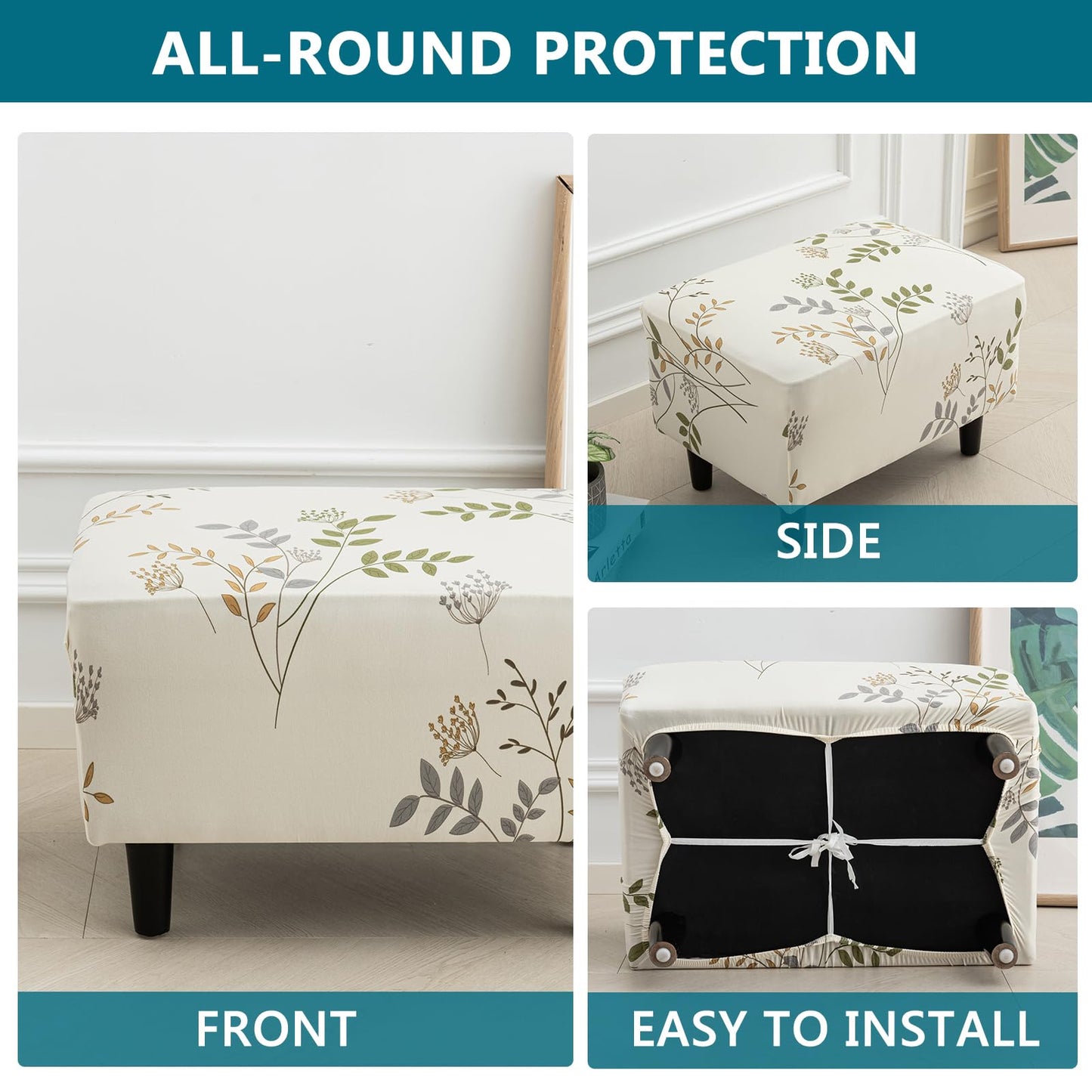 KRFOONN Ottoman Slipcovers Stretch Ottoman Cover Rectangular Footrest Sofa Slipcovers Stool Cover Printed Storage Footrest Stool Covers Furniture Protector with Non Slip Elastic Bottom (T1, X-Large)
