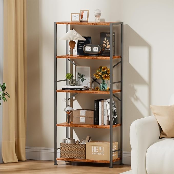 Furologee 5 Tier Book Shelf, Tall Wide Bookshelf, Industrial Open Bookcase
