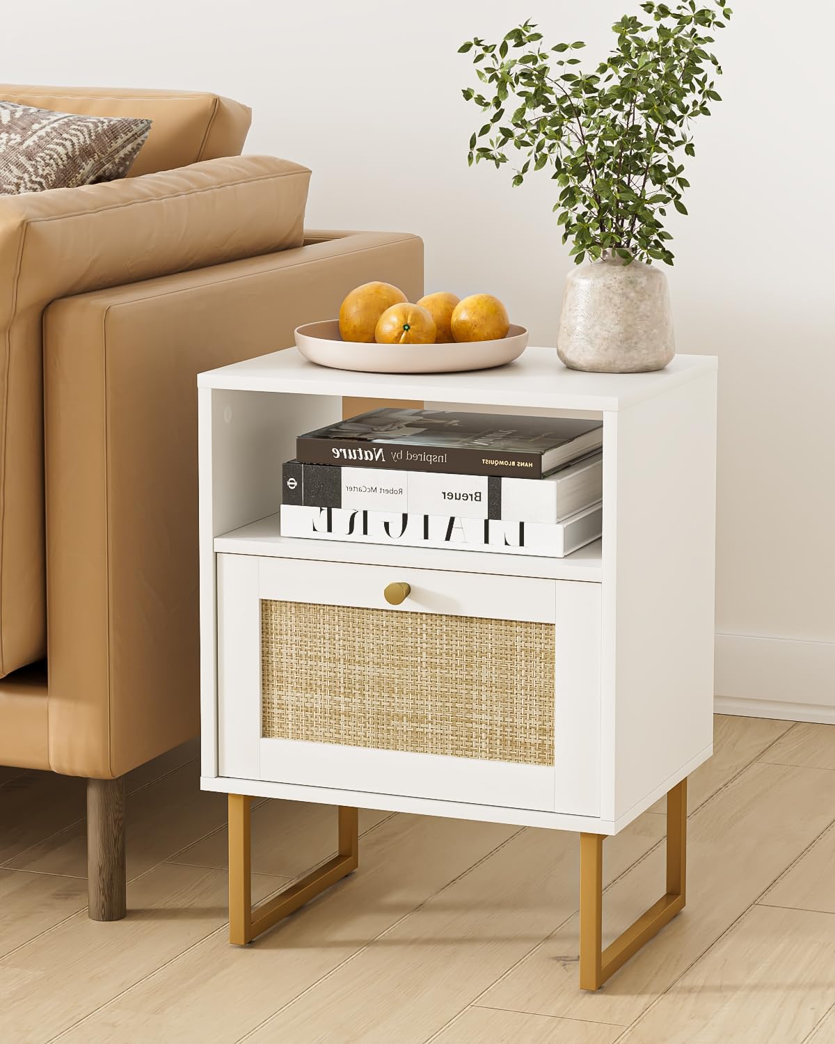 Apetaccat Rattan Nightstand, Boho Night Stand Farmhouse Wood Bedside Table with Storage and Open Shelf, End Side Accent Table for Bedroom,Living Room,White
