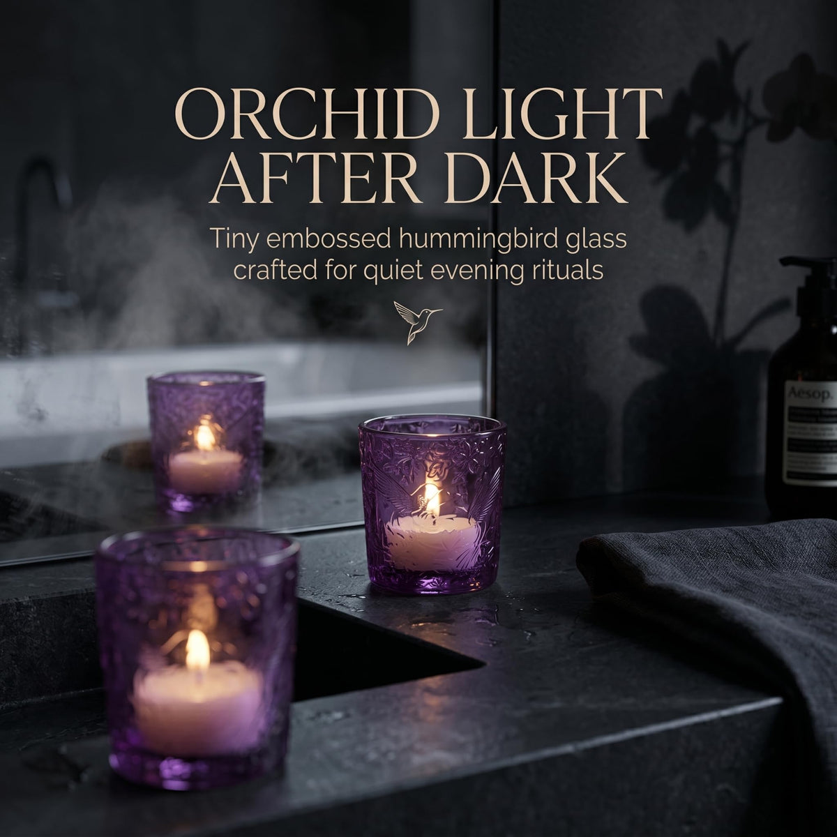 12 Pack Hummingbird Embossed Glass Candle Holders – Votive Tealight Holders with Patent Design, Decorative Embossed Glass Cups for Wedding Centerpieces, Parties, and Home Décor (Amethyst Bloom)