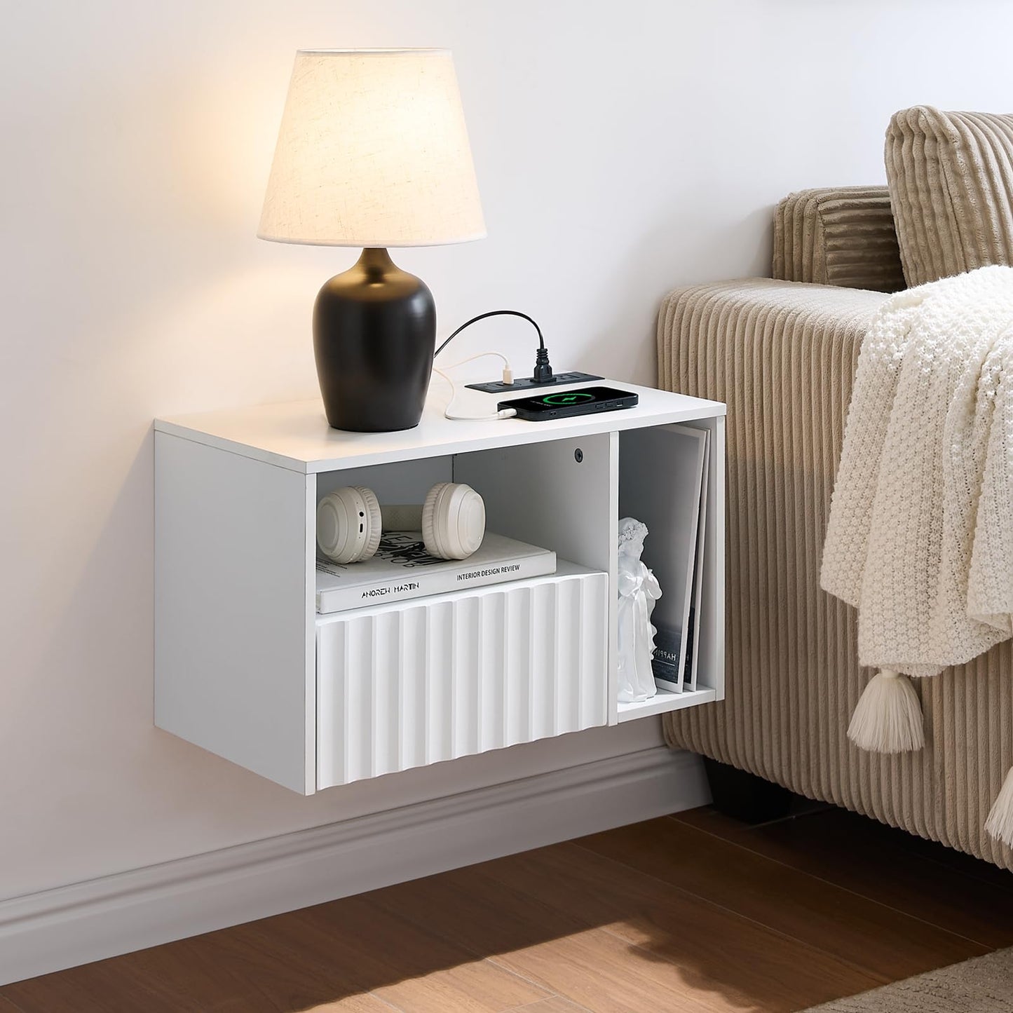 BuildHom Modern Matte White Fluted Floating Nightstand with Charging Station, NightStand with Drawers, Bedside with USB Ports and Outlets, Bedroom Furniture (Right)
