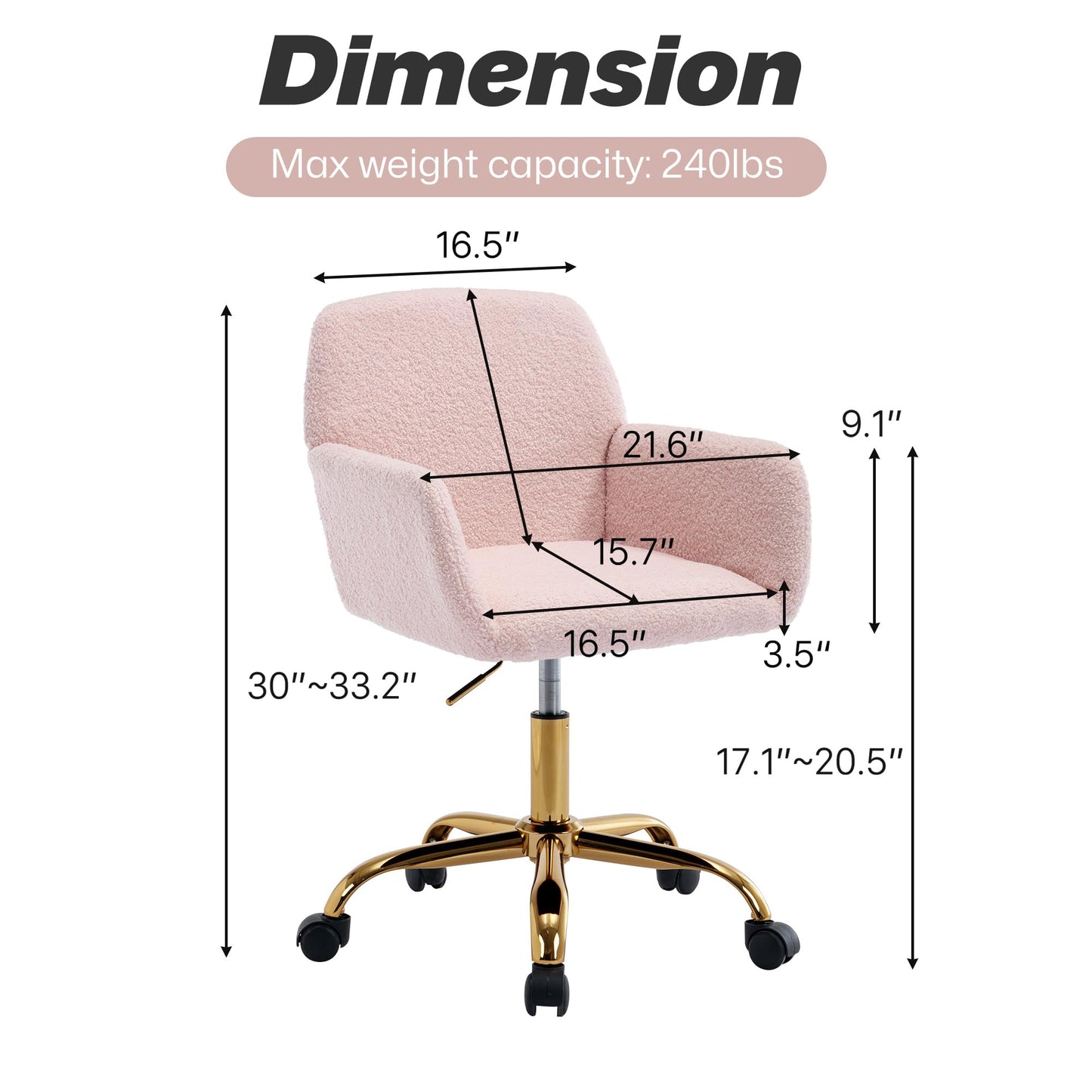 KCC Faux Fur Vanity Makeup Desk Chair, Comfy Fluffy Swivel Modern Leisure Armchair with Wheels, Upholstered Fuzzy Height Adjustable for Teens Women Girls Elegant Home Office, Pink