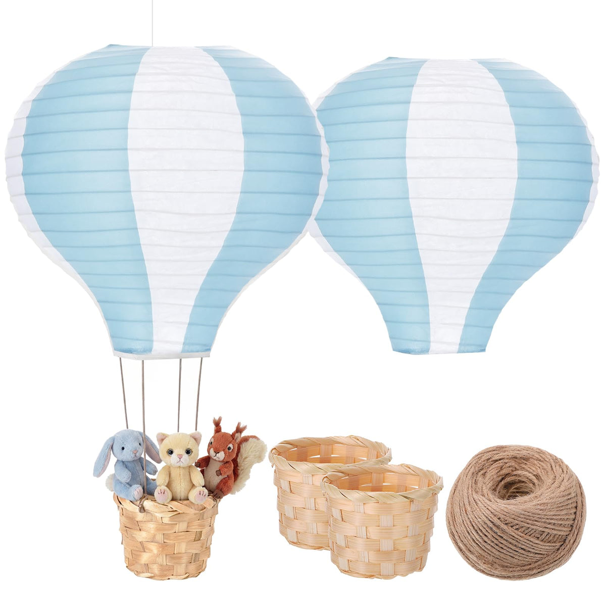 Meooeck 2 Pcs Hanging Hot Air Balloon Nursery Decor 15.7 Inch Paper Hot Air Balloon Centerpieces Reusable Paper Lanterns Set for DIY Craft Wedding Birthday Christmas Living Room Home, Blue White