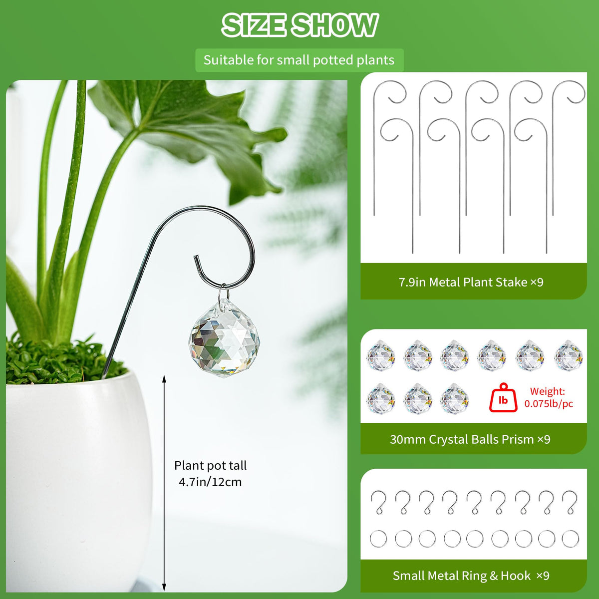 HDCRYSTALGIFTS 9 Pieces 30mm Crystal Ball Prisms Suncatchers with 7.5’’ Small Trellis for Mini Potted Plants Accessories Indoor Fairy Garden Sun Catchers Gift for Plant Lovers (Sliver Stakes)