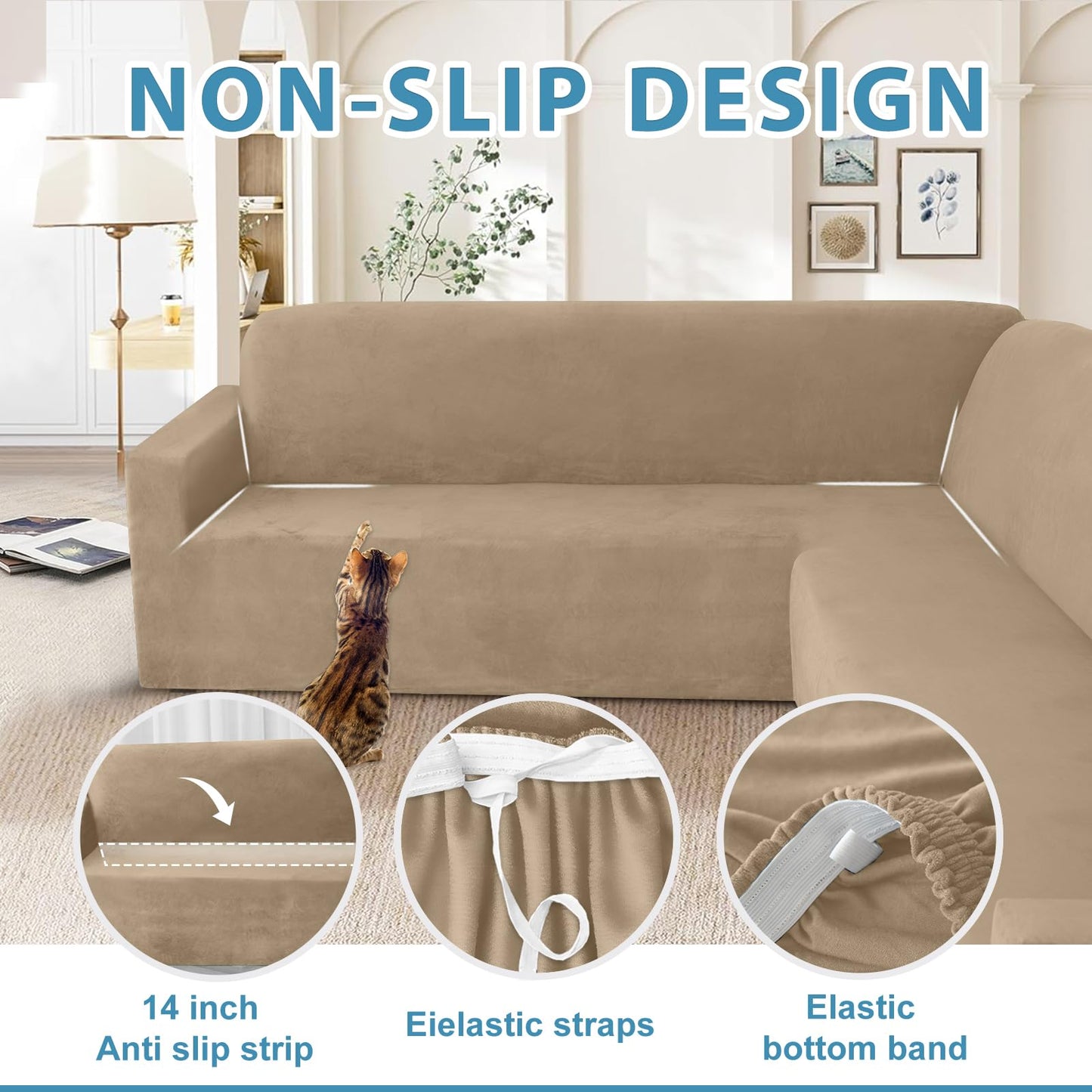 HDCAXKJ Corner Sectional Couch Covers Velvet Stretch L Shape Sofa Cover Soft Thick Sectional Slipcovers U Shaped Living Room Non Slip Magic Furniture Protector for Pet Dogs (Light Coffee, X-Large)
