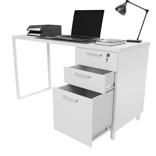 Modern Design Milano Office Desk with 3 Locking Drawers, 48 Inch White Industrial Wood Desk with Filing Drawer and Storage, by Crafts and Comfort