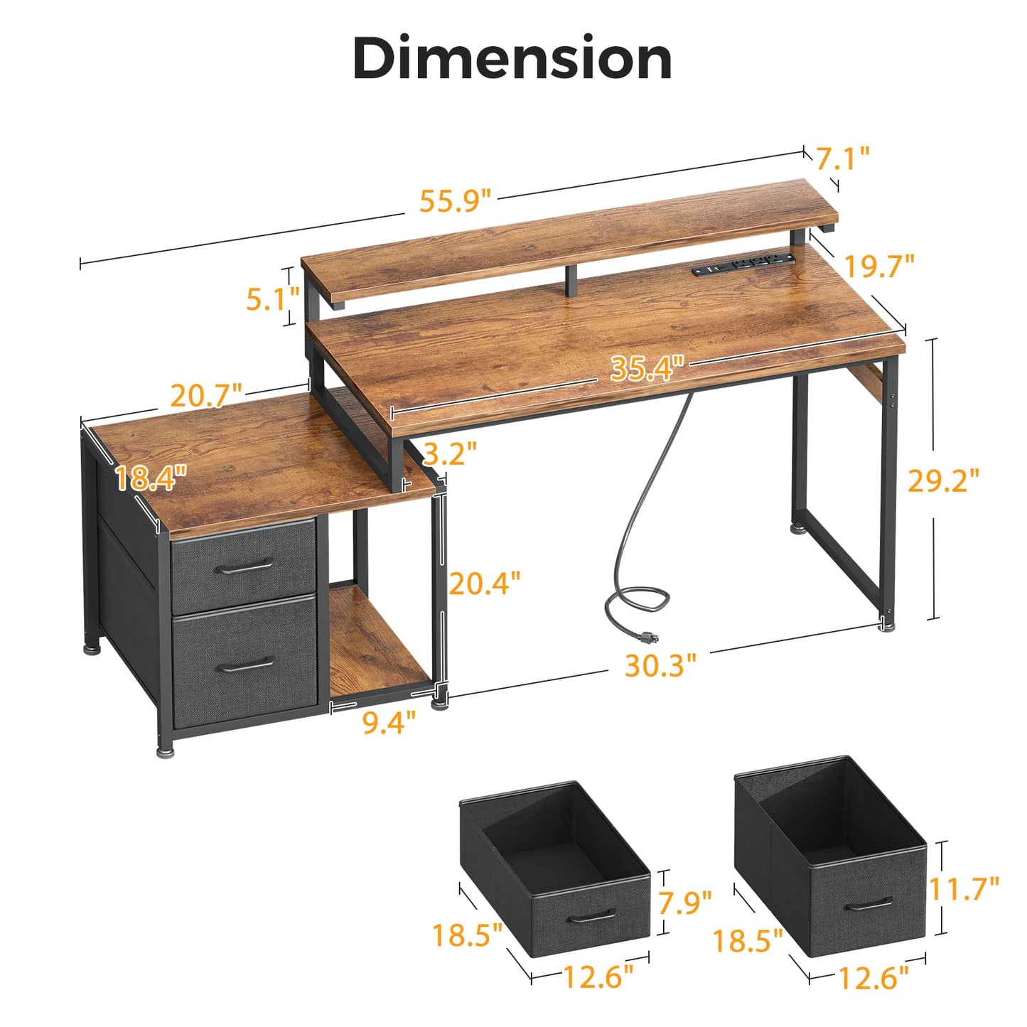 AODK Computer Desk with Printer Shelf, 55 Inch Office Desk with Drawers & Power Outlet, Rustic Brown