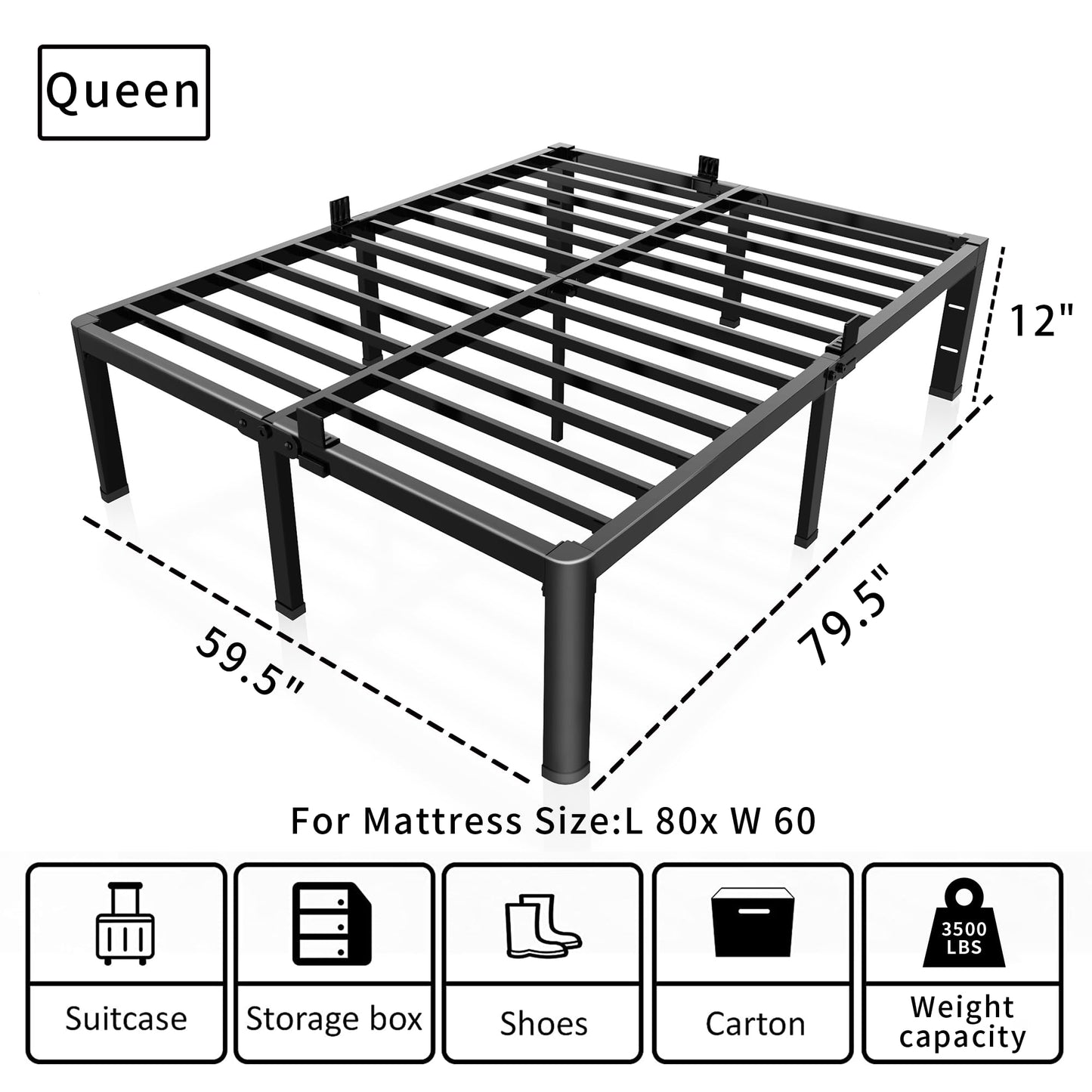 ROIL 12 inch Metal Queen Bed Frame with Rounded Corner and Headboard Hole Mattress Retainers 3500LBS Heavy Duty Steel Slats No Box Spring Needed Platform Noise-Free Easy Assemble
