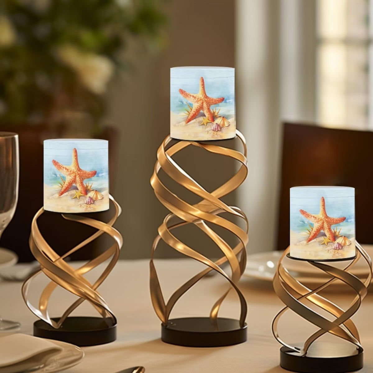 Merkmak Pack of 4 Coastal Starfish Flameless Candles with Remote Battery Operated Candles with Timer Flickering LED Elictric Pillar Tealights for Indoor Outdoor Home Table Decorations